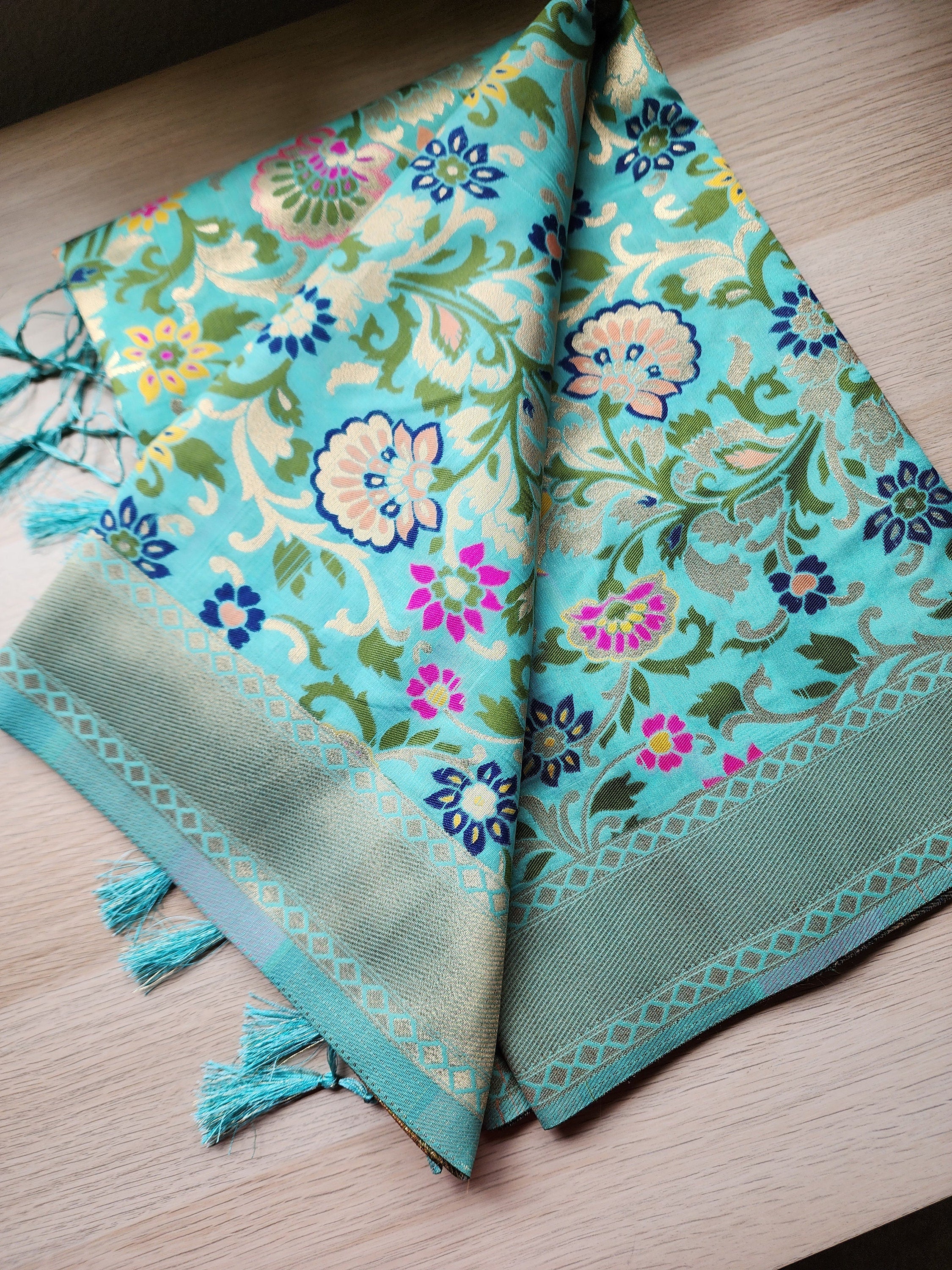Banarasi Silk Aqua Blue Dupatta with Multicolor & Gold Floral Handweaving