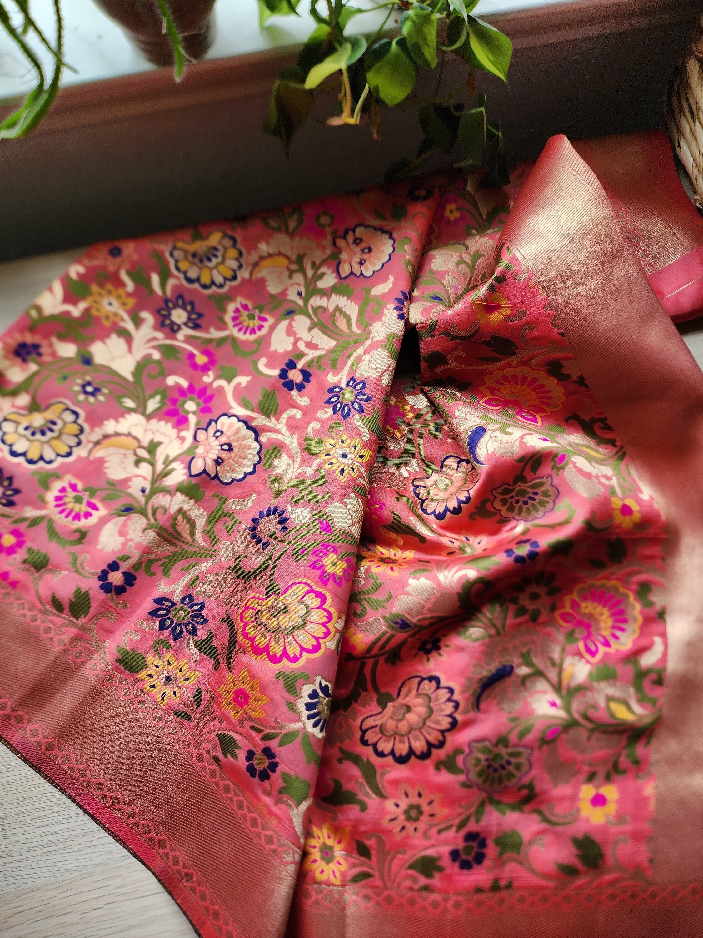 Banarasi Silk Coral Pink Dupatta, multicolor and gold floral handweaving, Indian traditional & Festive wear, Luxurious Soft Banarsi Dhupatta