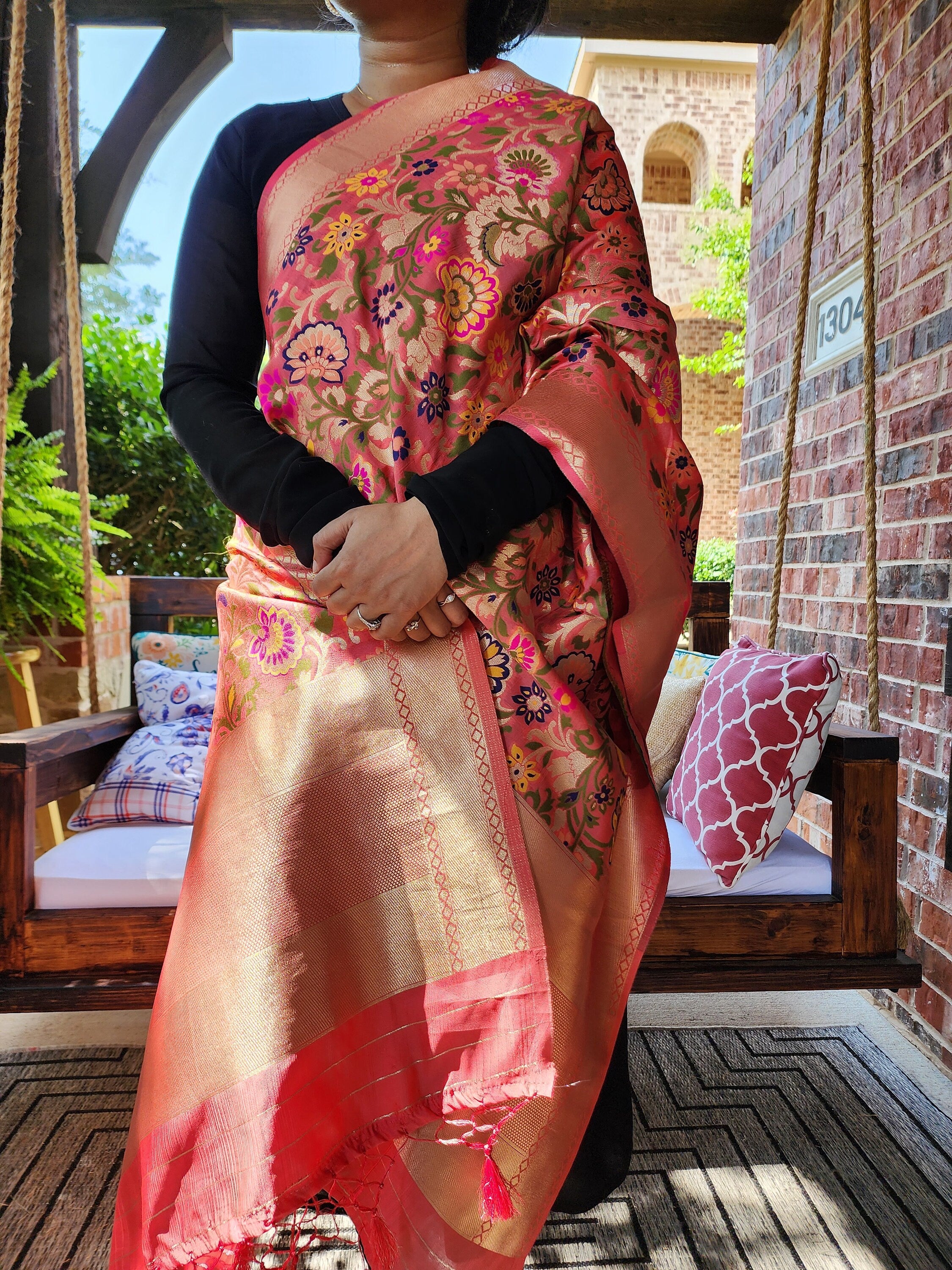Banarasi Silk Coral Pink Dupatta, multicolor and gold floral handweaving, Indian traditional & Festive wear, Luxurious Soft Banarsi Dhupatta