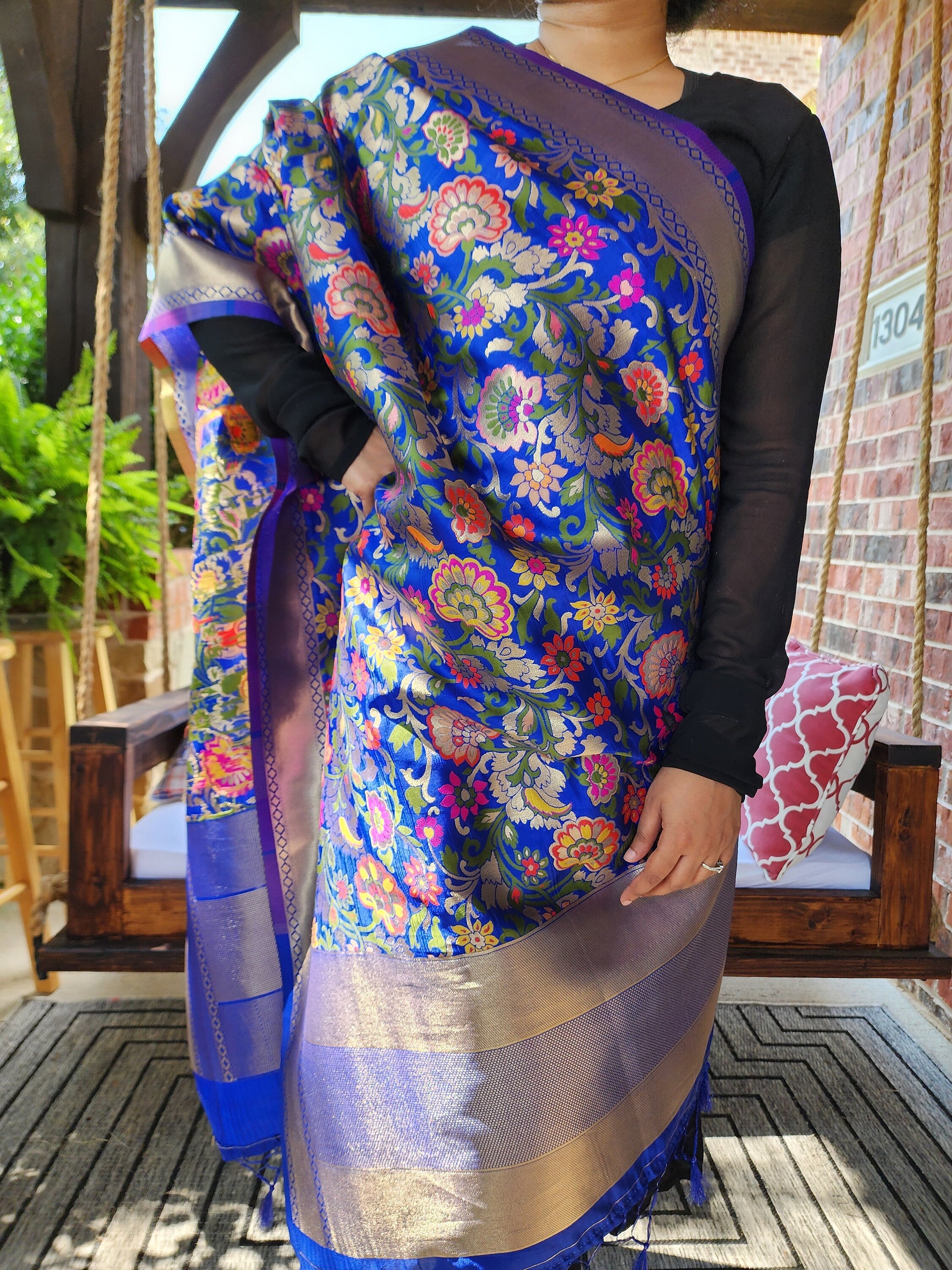 Banarasi Silk Royal Blue Dupatta with Multicolor & Gold Floral Handweaving