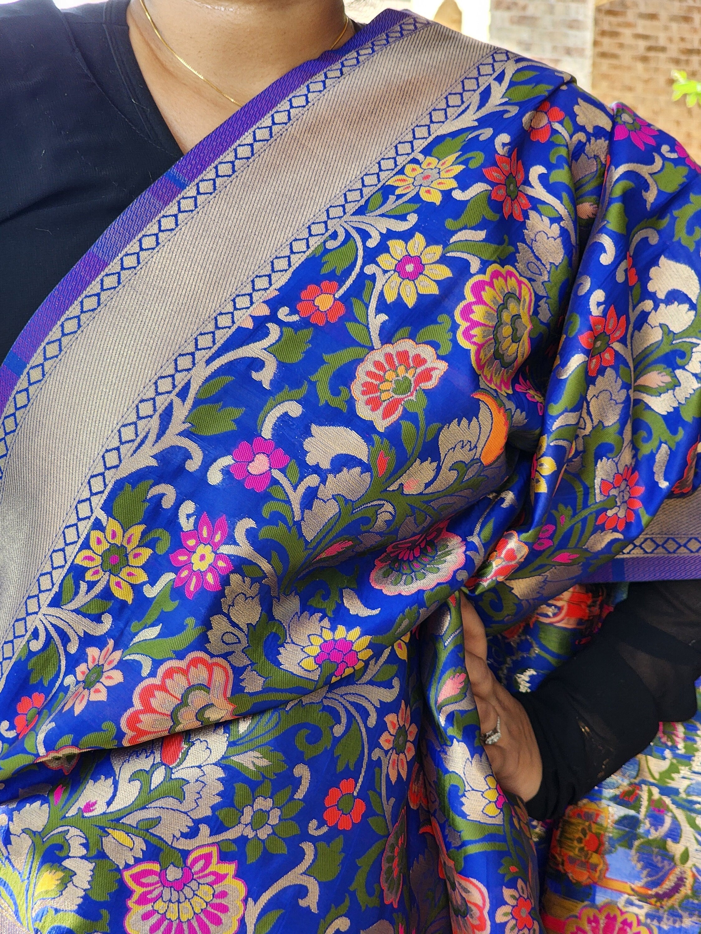 Banarasi Silk Royal Blue Dupatta with multicolor floral handweaving