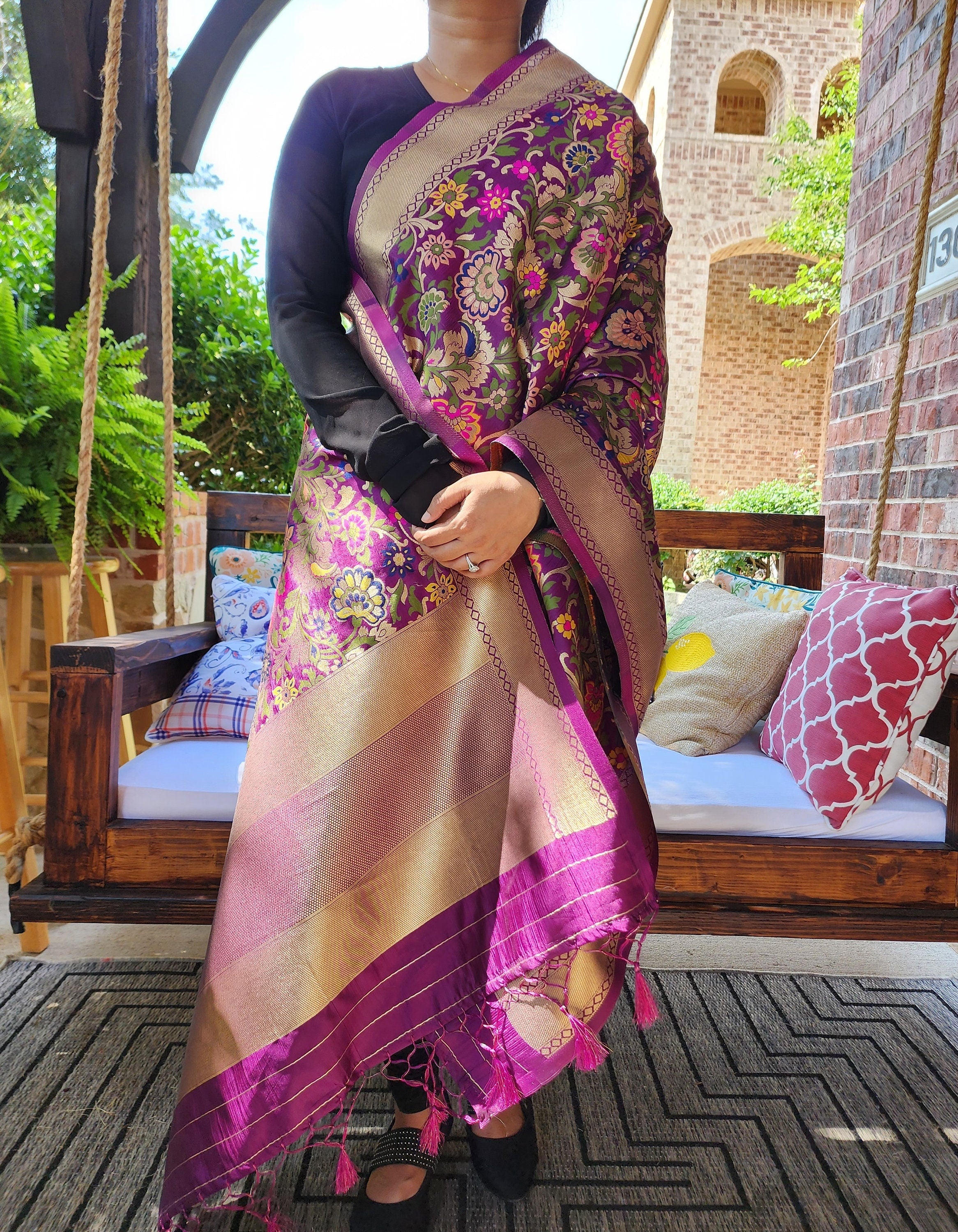 Banarasi Silk Dark Plum Dupatta with Multicolor & Gold Floral Handweaving