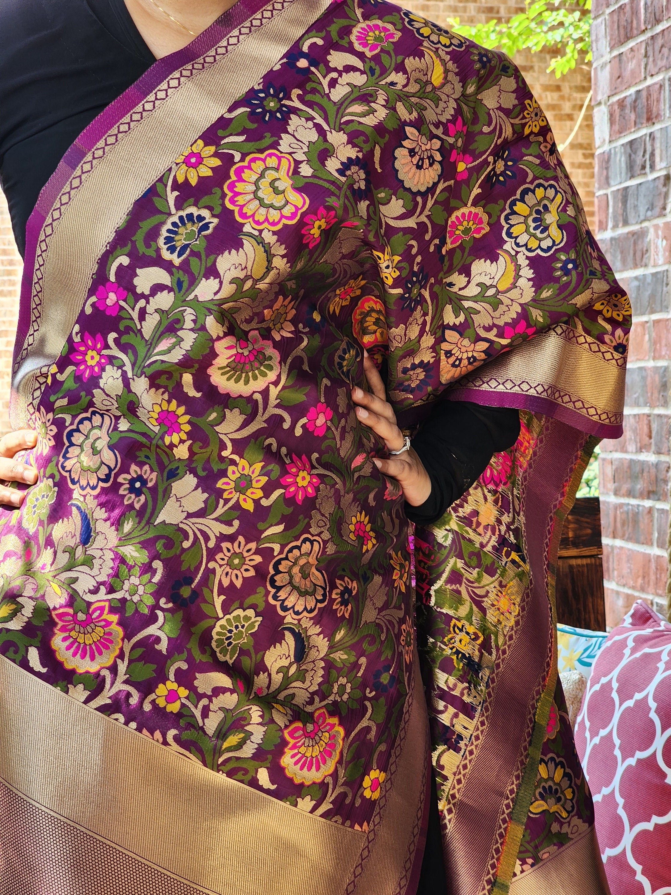 Banarasi Silk Dark Plum Dupatta with Multicolor & Gold Floral Handweaving