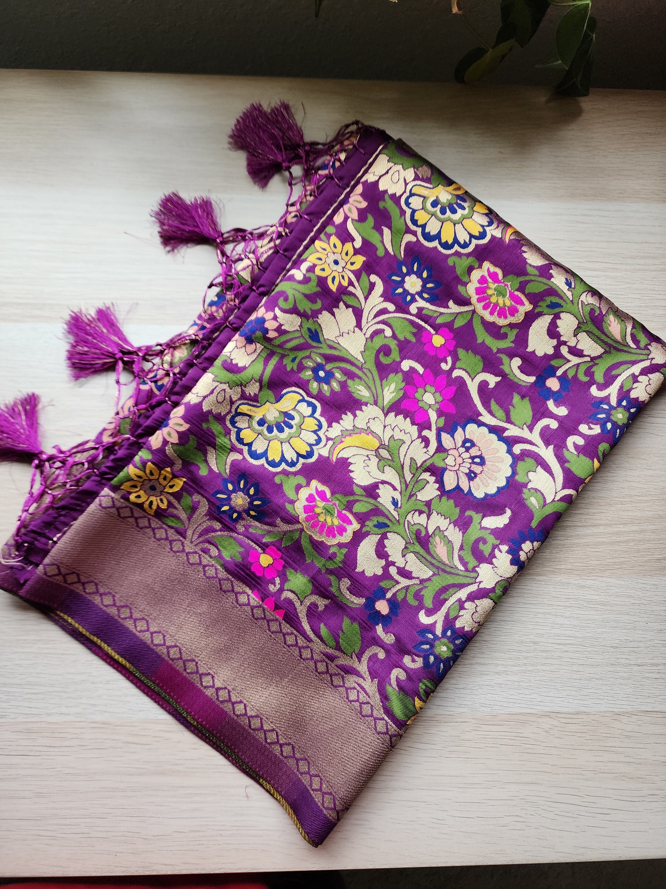 Banarasi Silk Dark Plum Dupatta with Multicolor & Gold Floral Handweaving