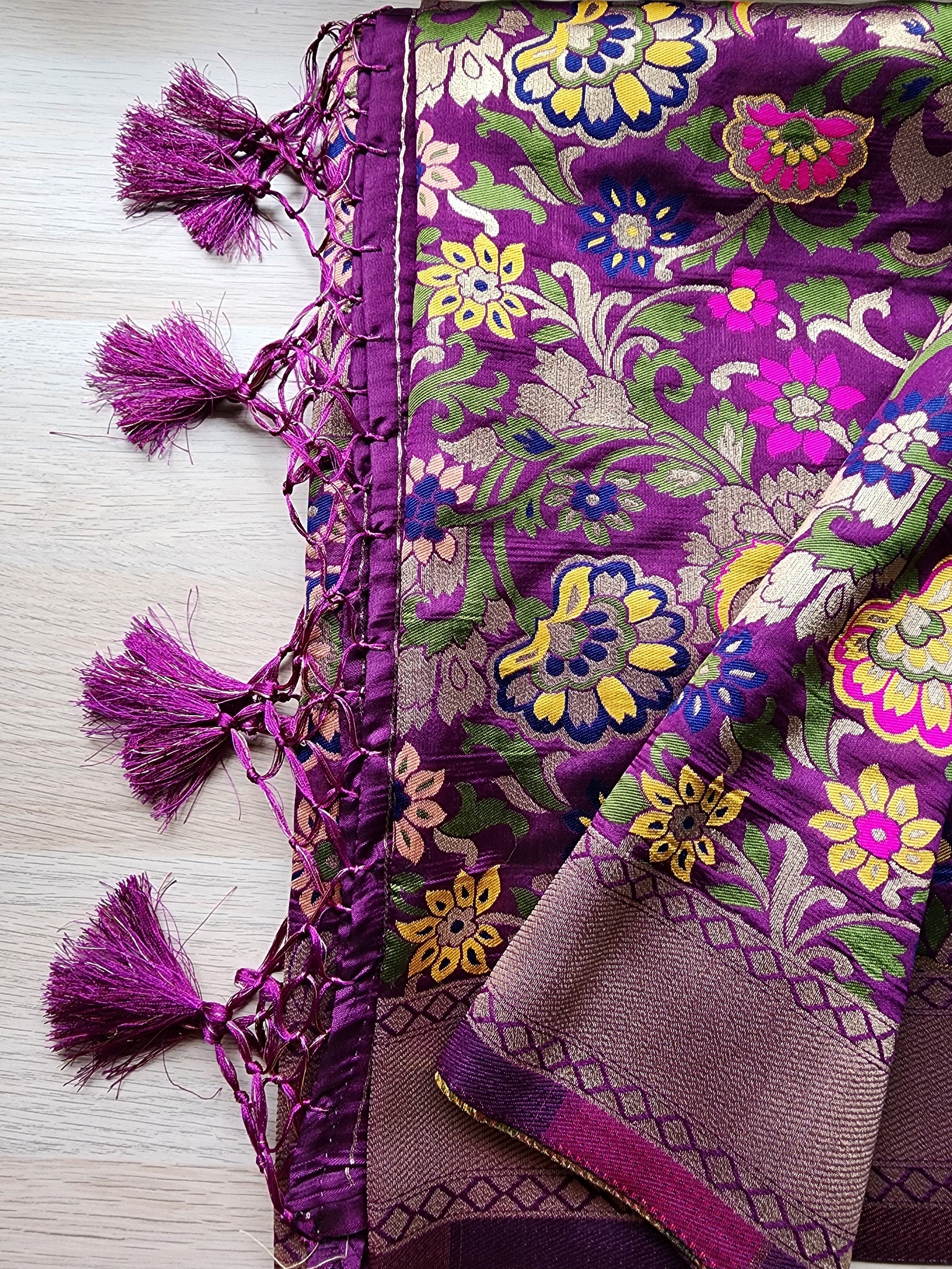 Banarasi Silk Dark Plum Dupatta with Multicolor & Gold Floral Handweaving