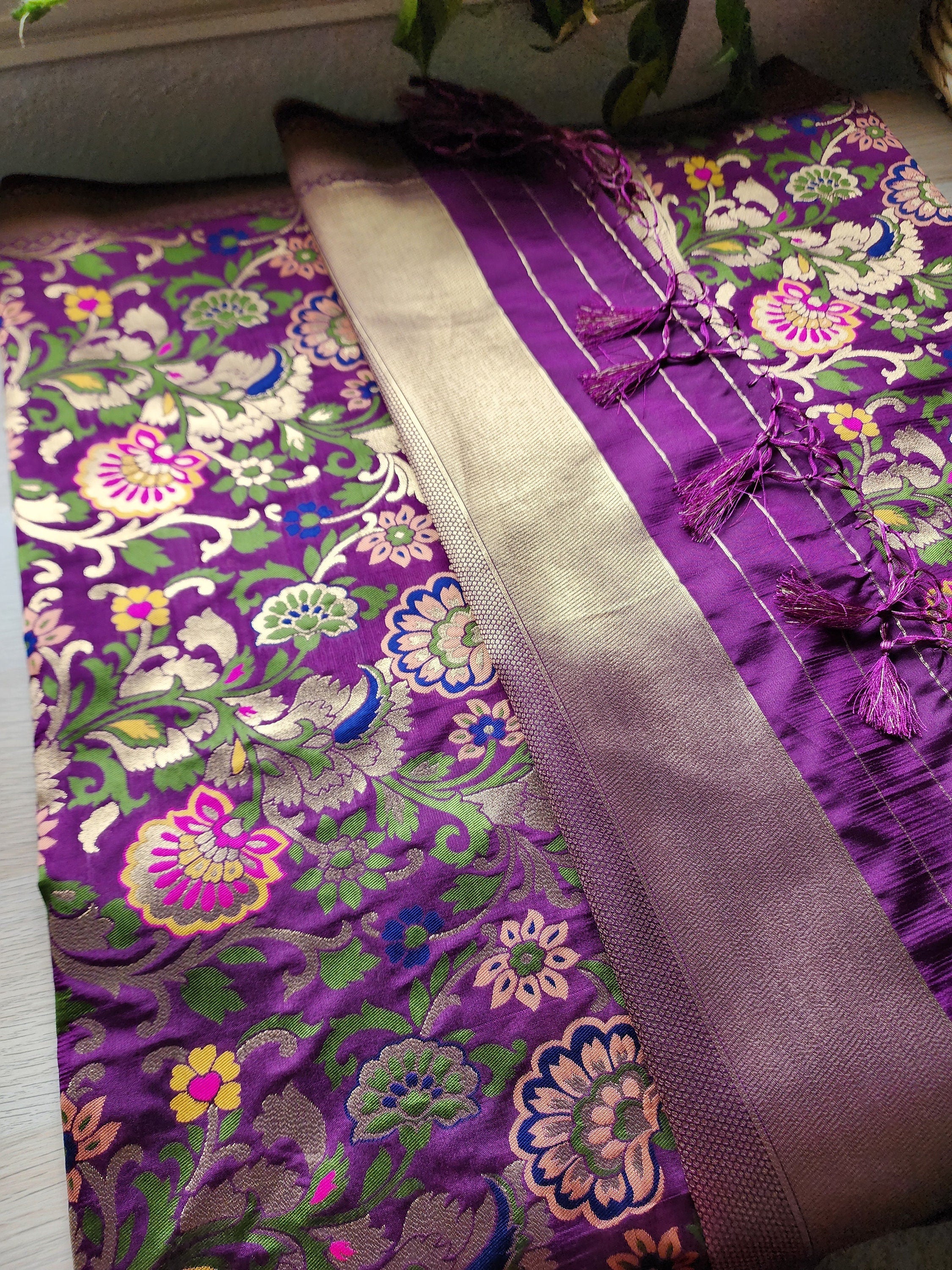 Banarasi Silk Dark Plum Dupatta with Multicolor & Gold Floral Handweaving