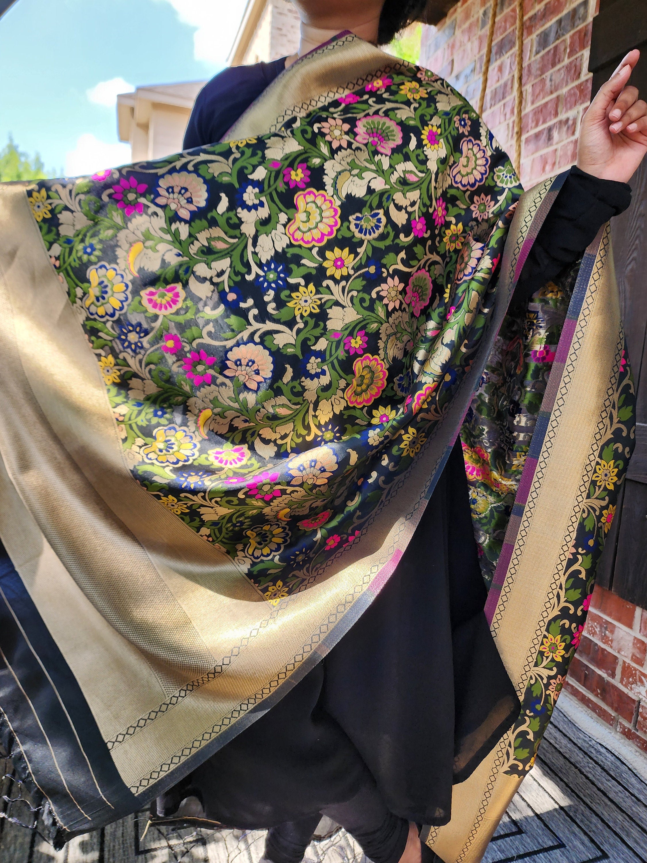 Banarasi Black Dupatta with Multicolor & Gold Floral Handweaving