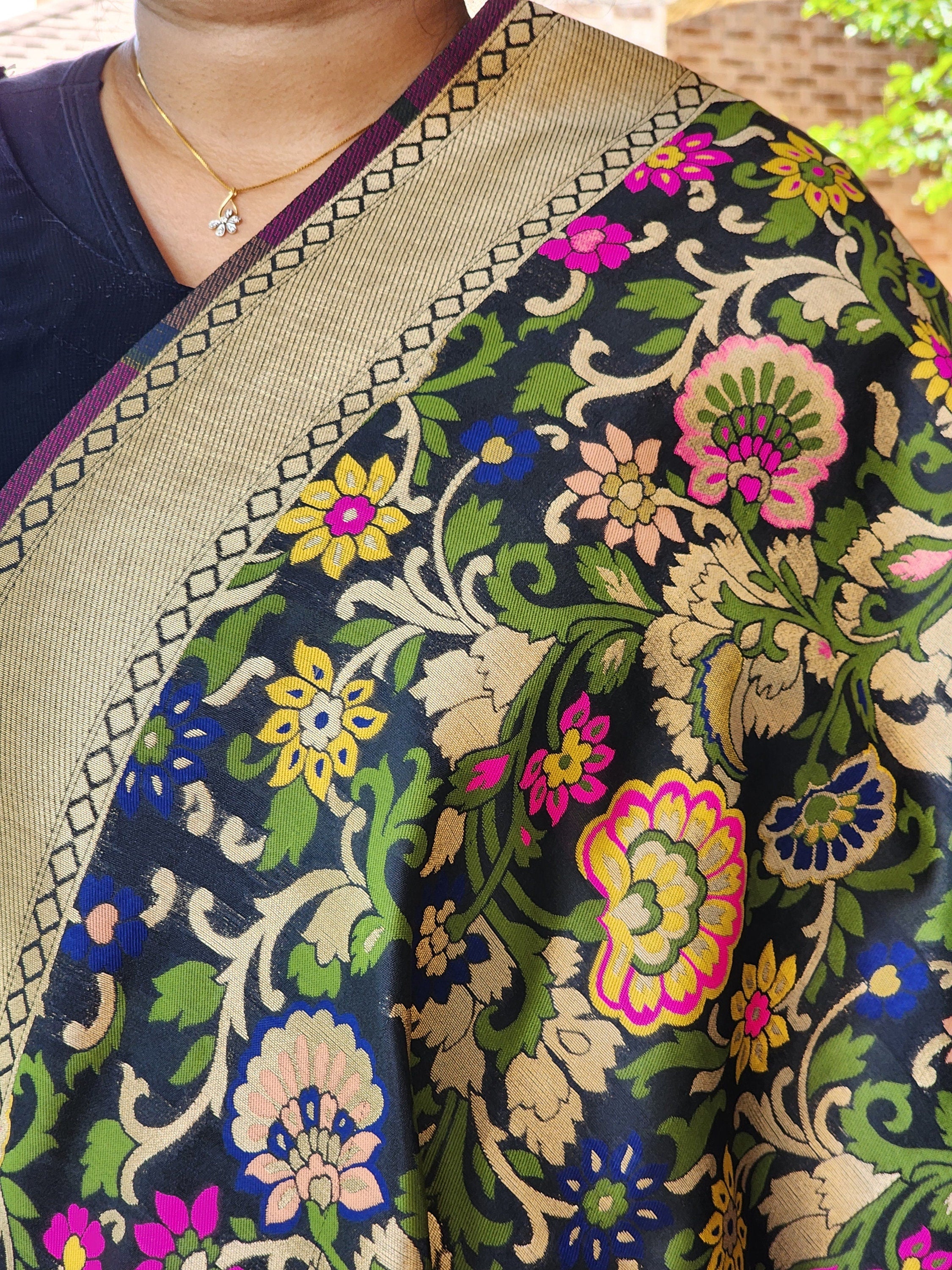 Banarasi Silk Black Dupatta, multicolor floral handweaving
