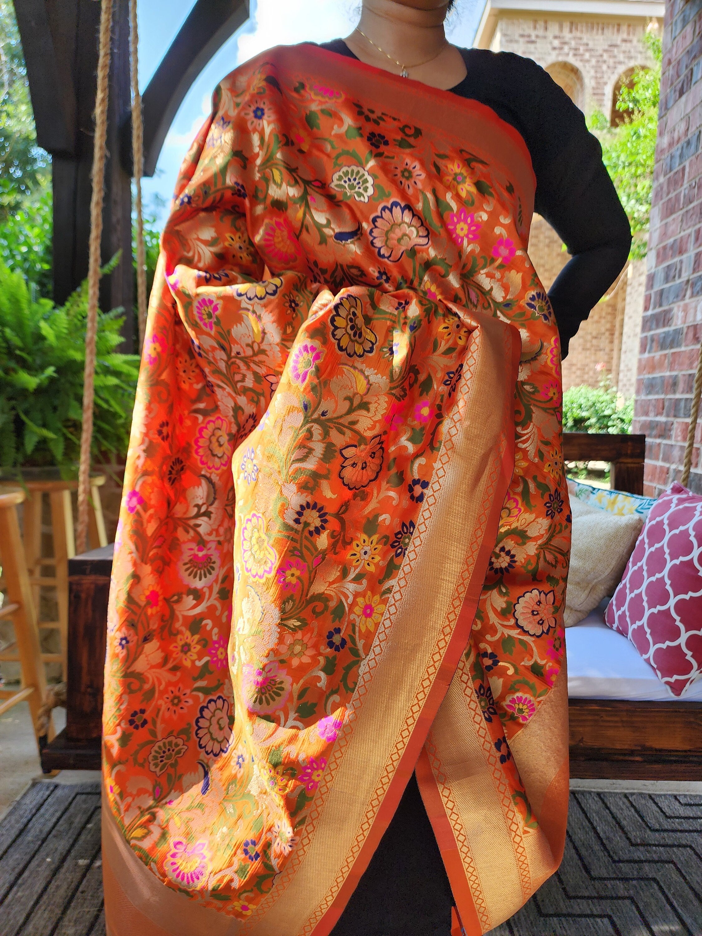 Banarasi Silk Orange Dupatta, multicolor and gold floral handweaving