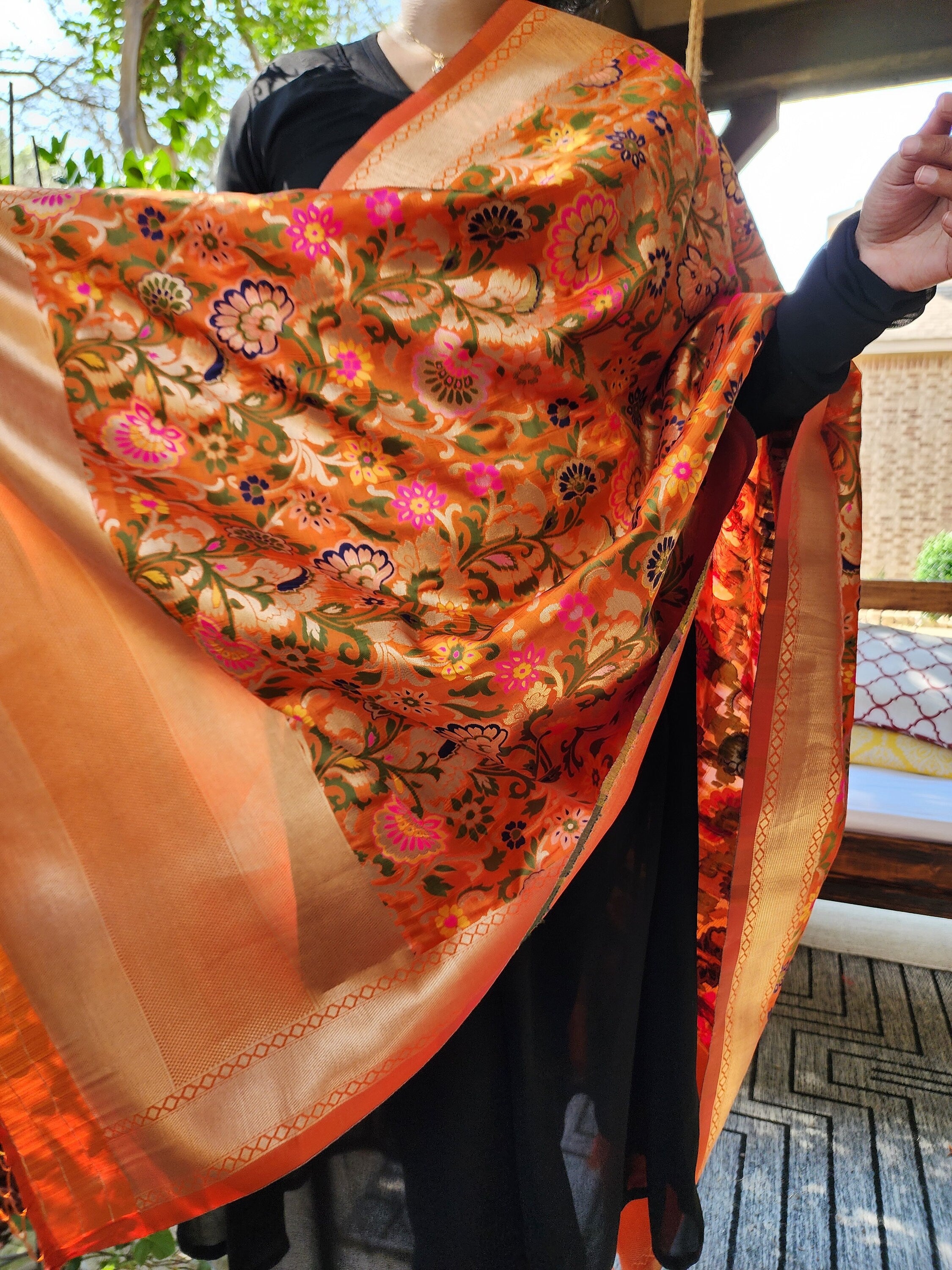 Banarasi Silk Orange Dupatta, multicolor and gold floral handweaving, Indian traditional & Festive wear, Luxurious Soft Banarsi Dhupatta