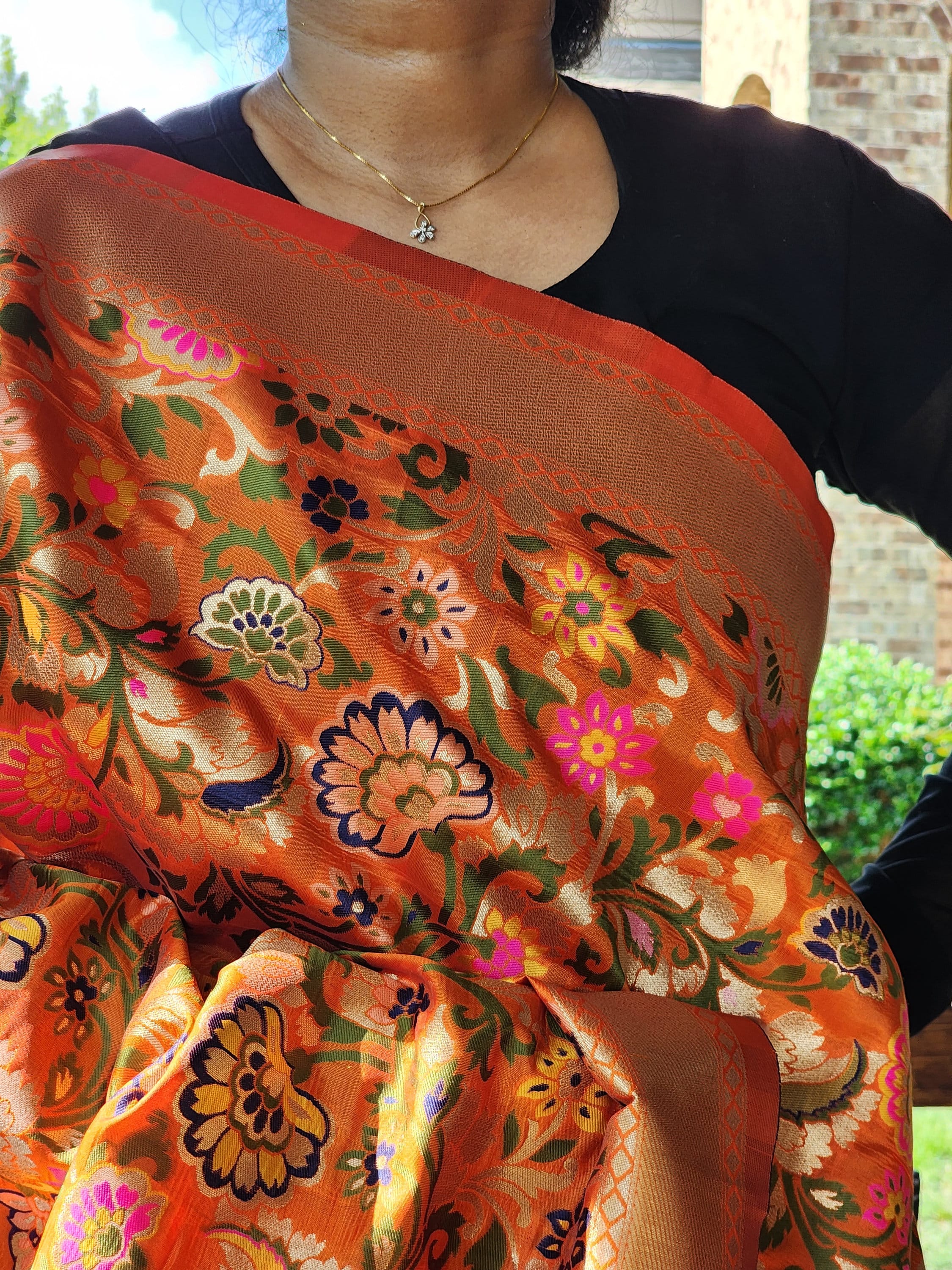 Banarasi Silk Orange Dupatta, multicolor and gold floral handweaving