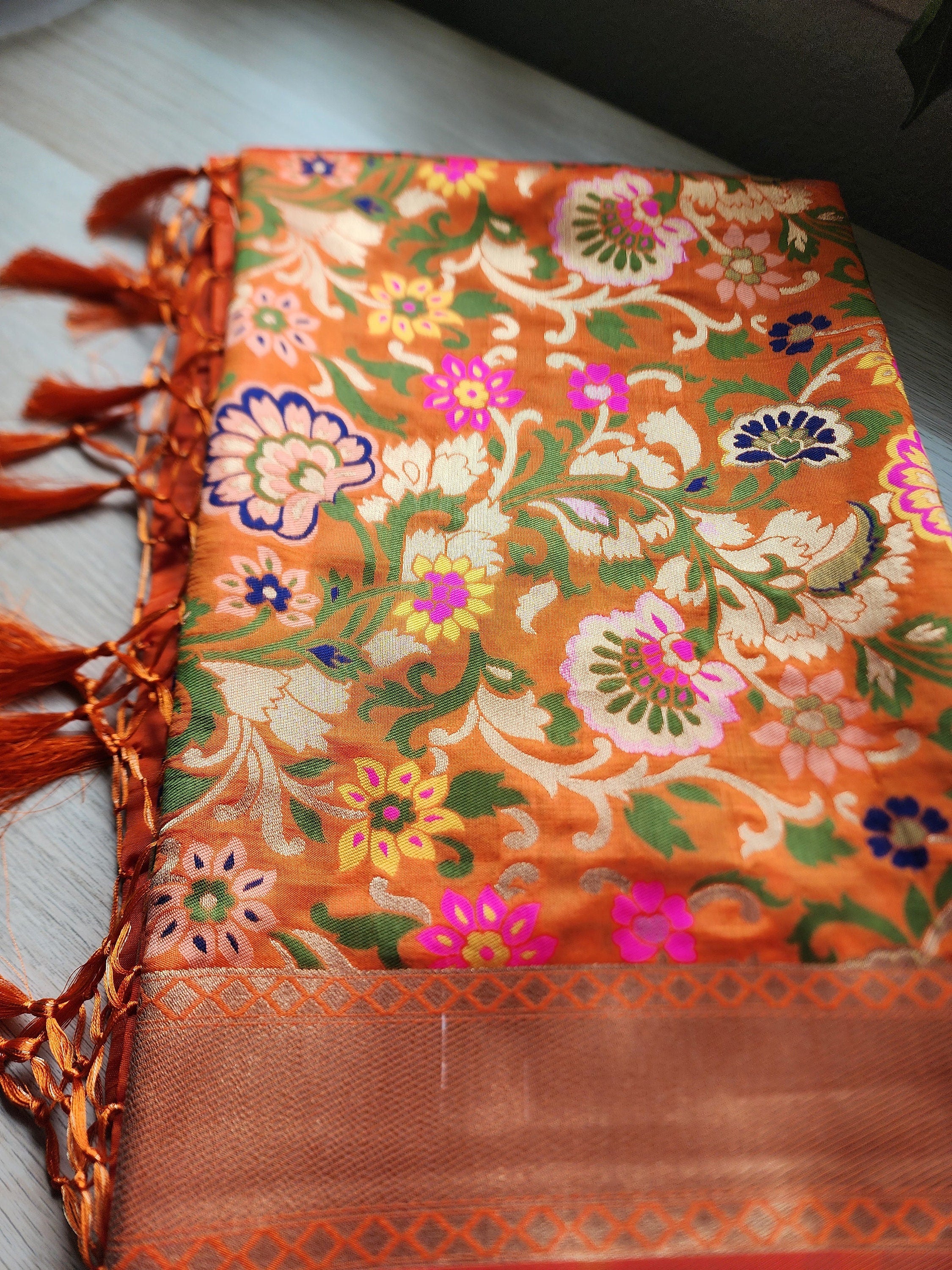 Banarasi Silk Orange Dupatta, multicolor and gold floral handweaving