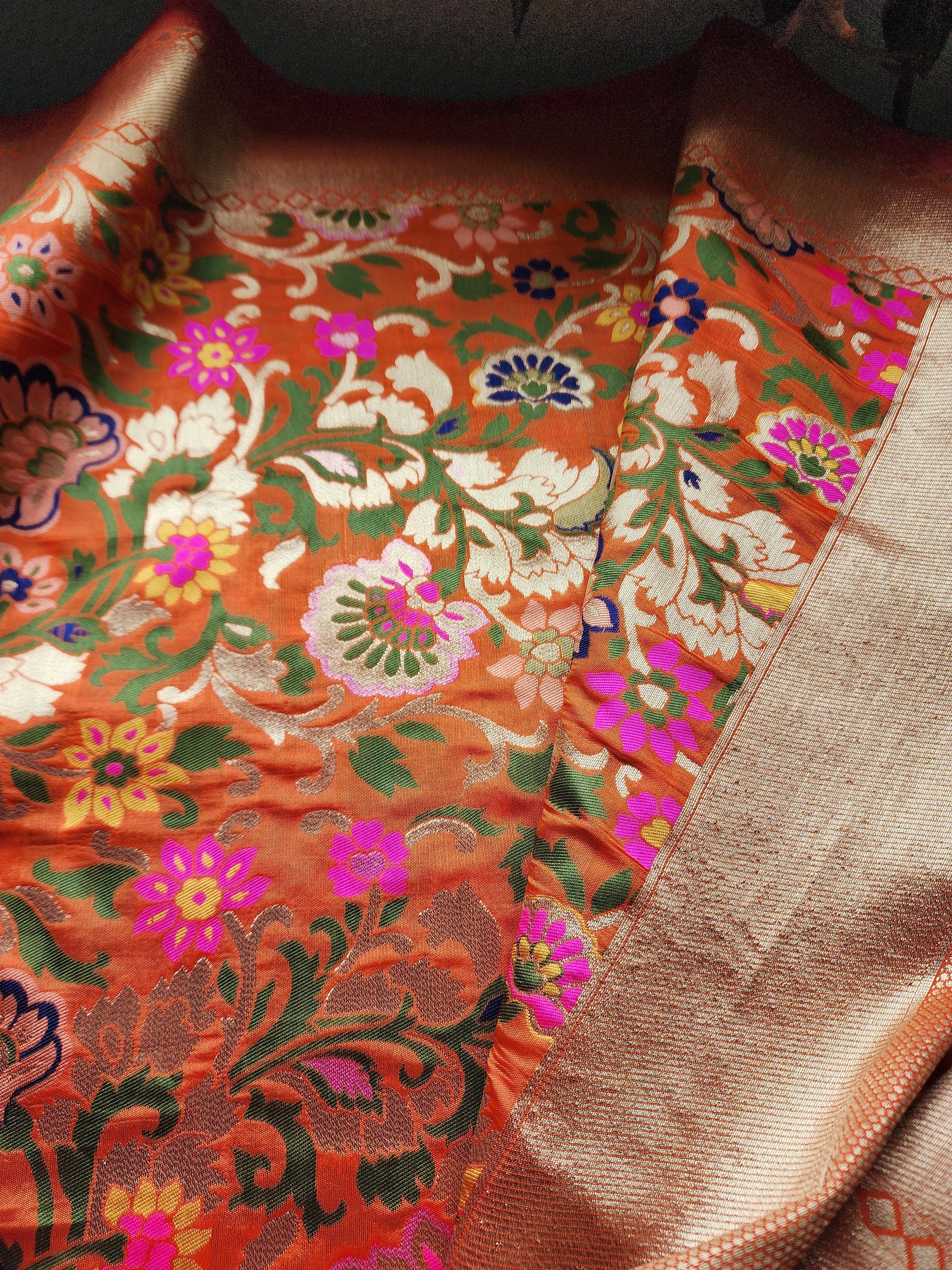 Banarasi Silk Orange Dupatta, multicolor and gold floral handweaving, Indian traditional & Festive wear, Luxurious Soft Banarsi Dhupatta