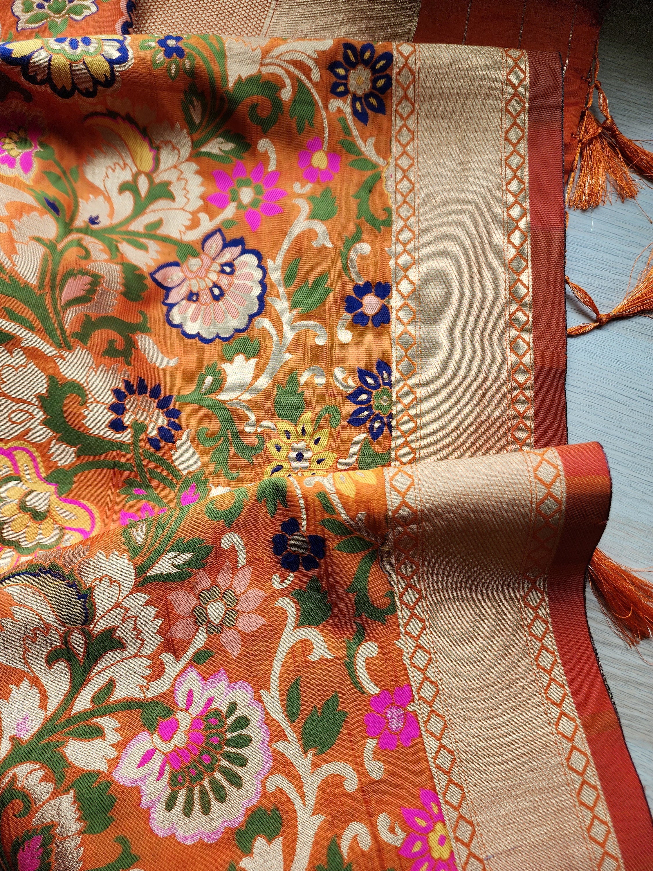 Banarasi Silk Orange Dupatta, multicolor and gold floral handweaving, Indian traditional & Festive wear, Luxurious Soft Banarsi Dhupatta