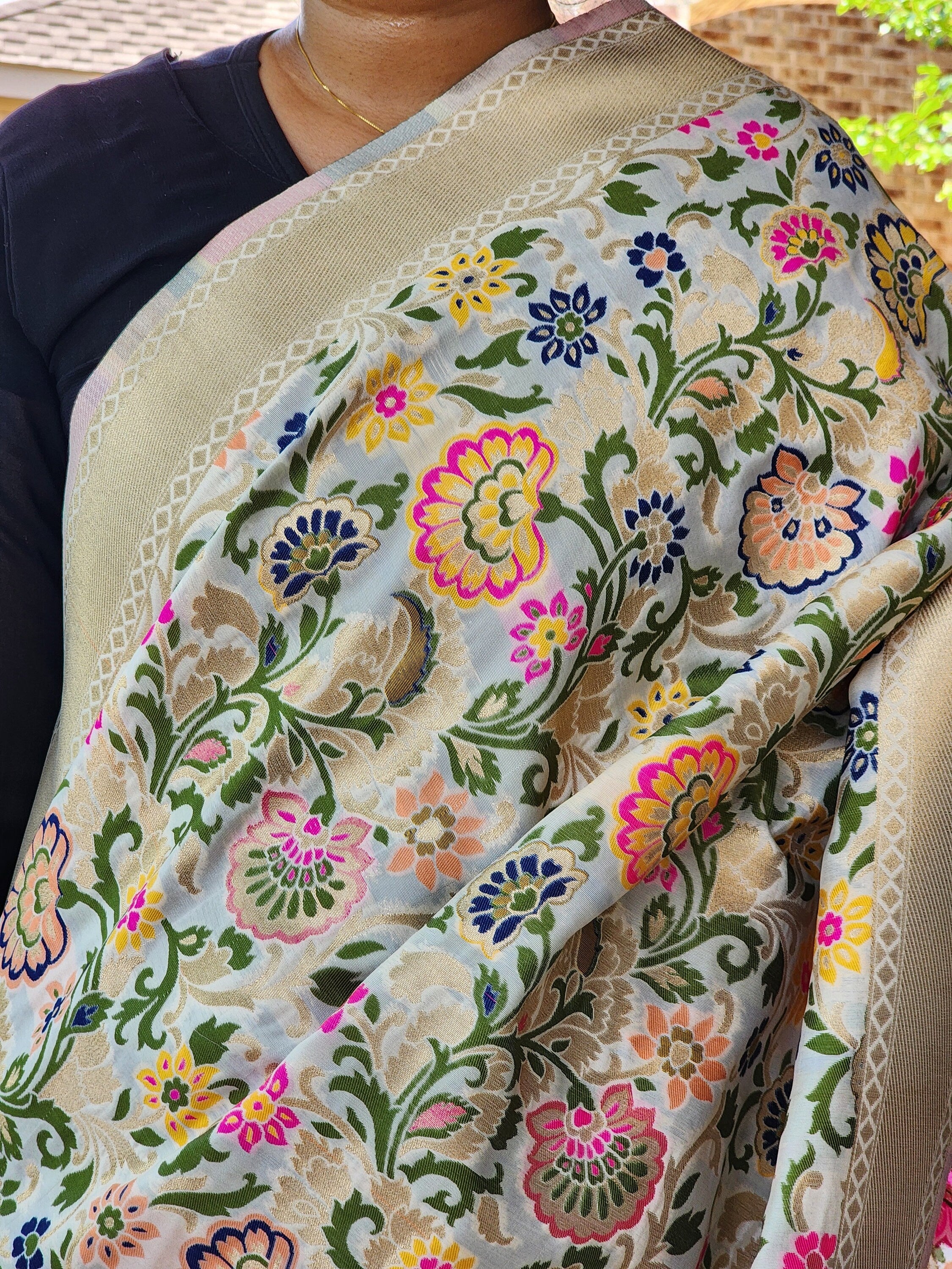 Banarasi Silk Off-White Dupatta with Multicolor & Gold Floral Handweaving