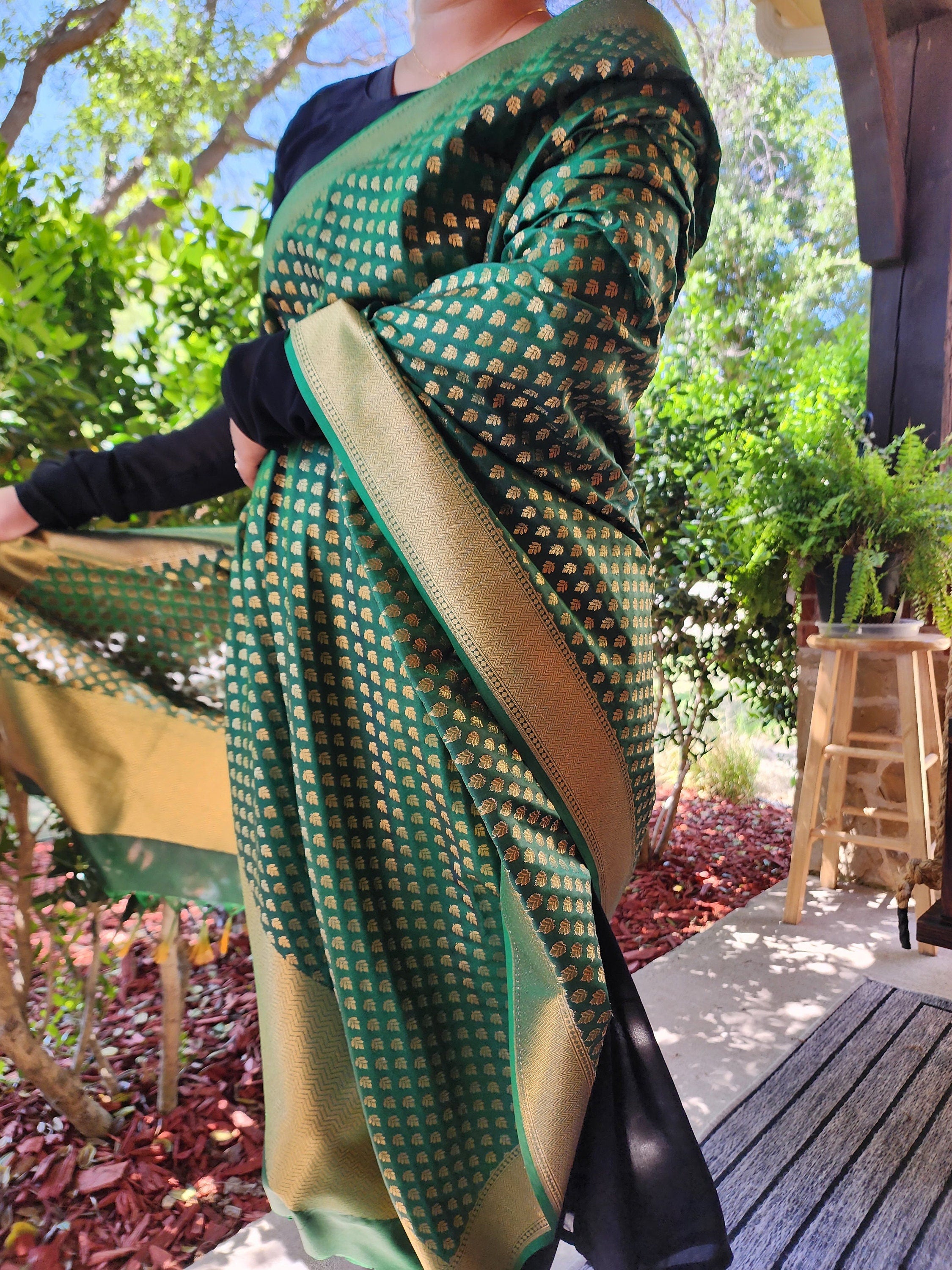 Banarasi Silk Dark Green Dupatta with gold handweaving