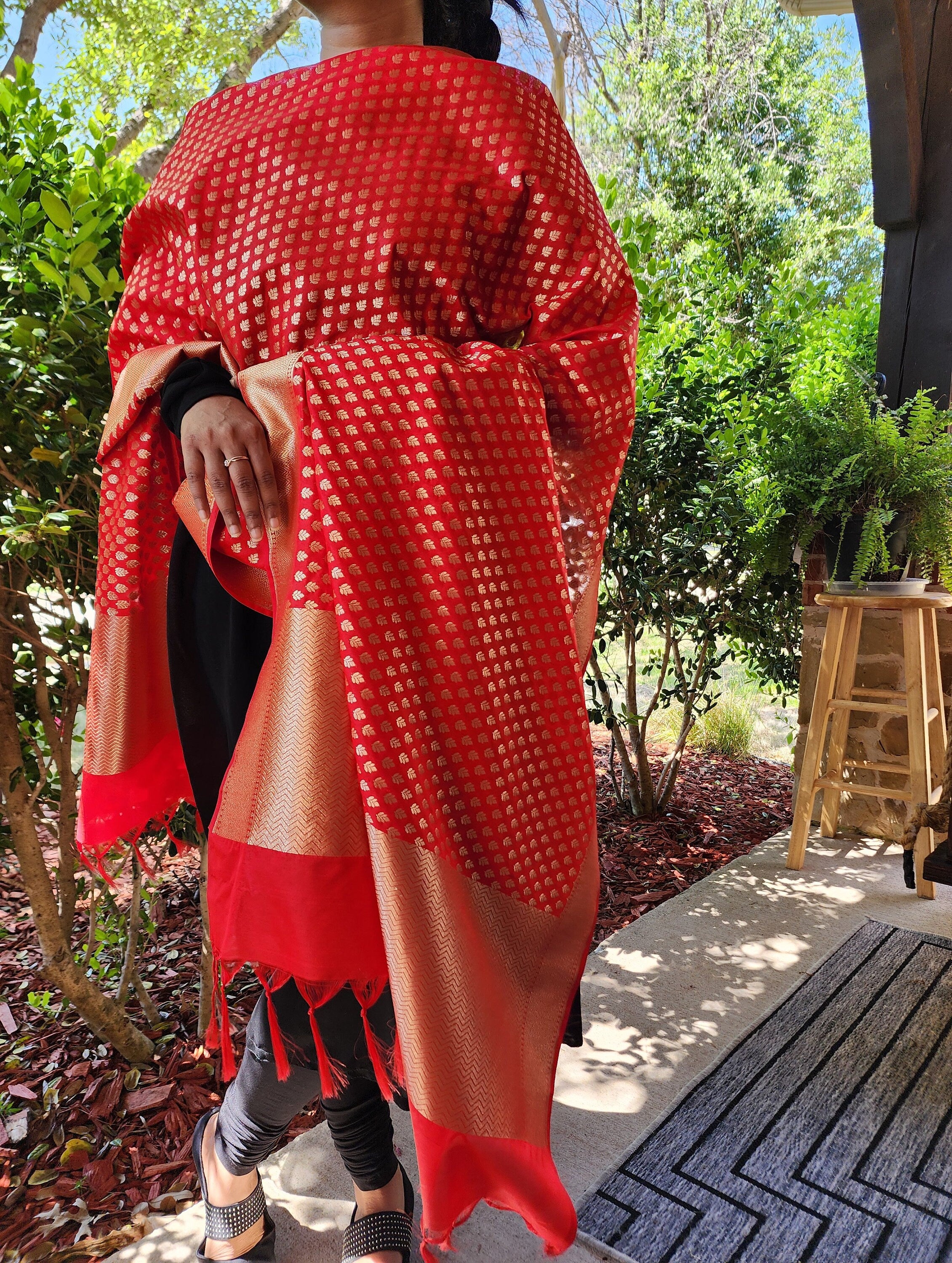 Banarasi Silk Red Color Dupatta with gold handweaving