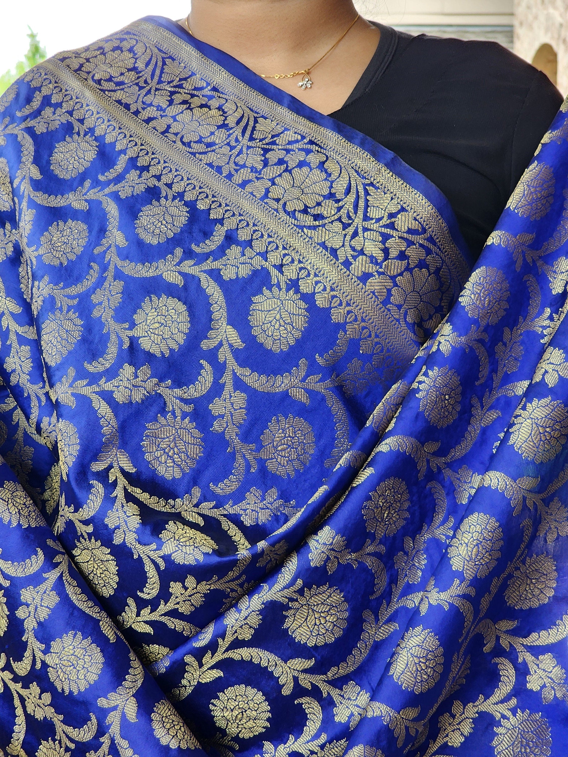 Banarasi Royal Blue Silk Dupatta with Gold Weaving and Floral Border