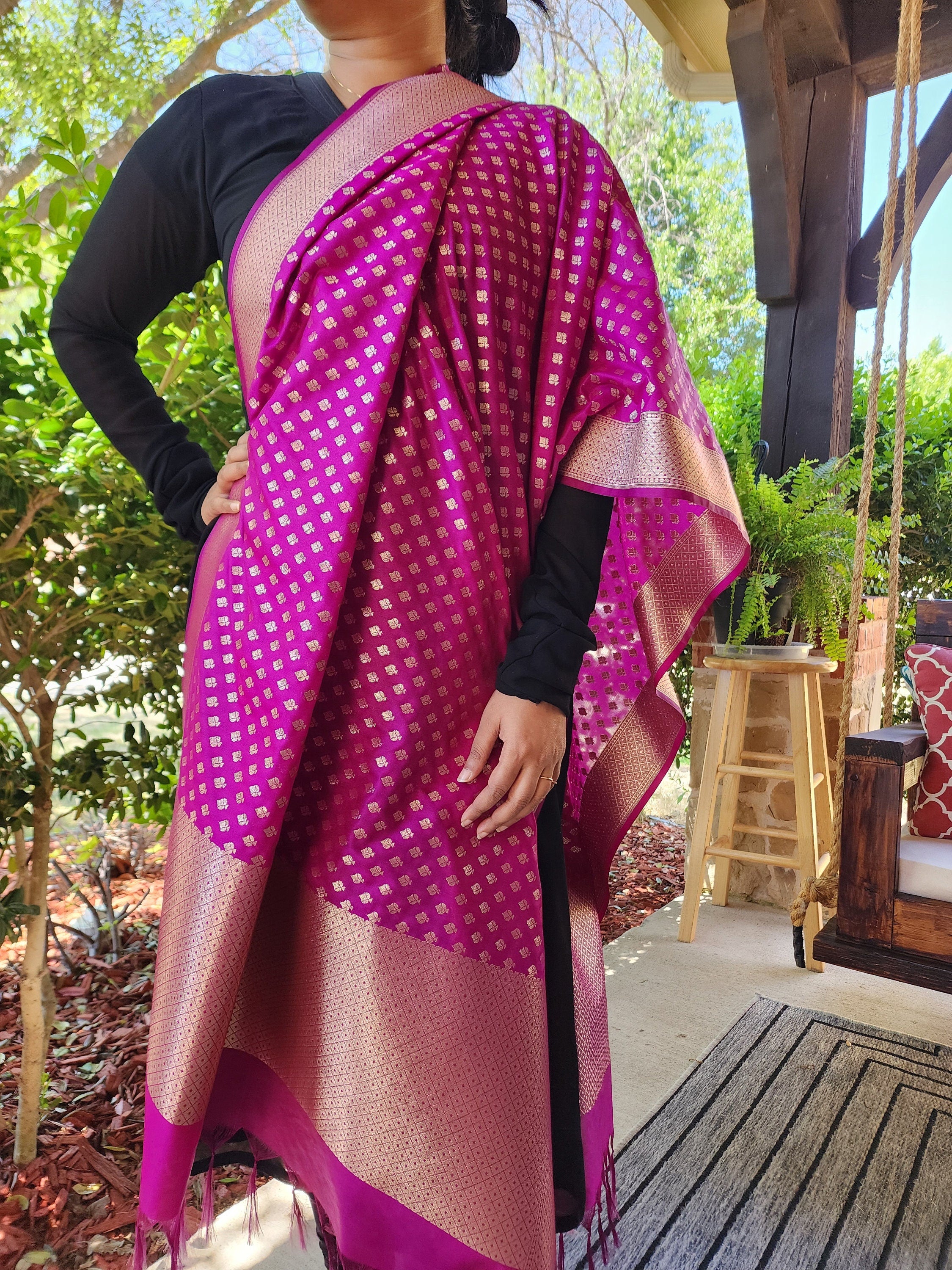 Purple Banarasi Silk Dupatta with Gold Leaf Motifs and Intricate Zari Border