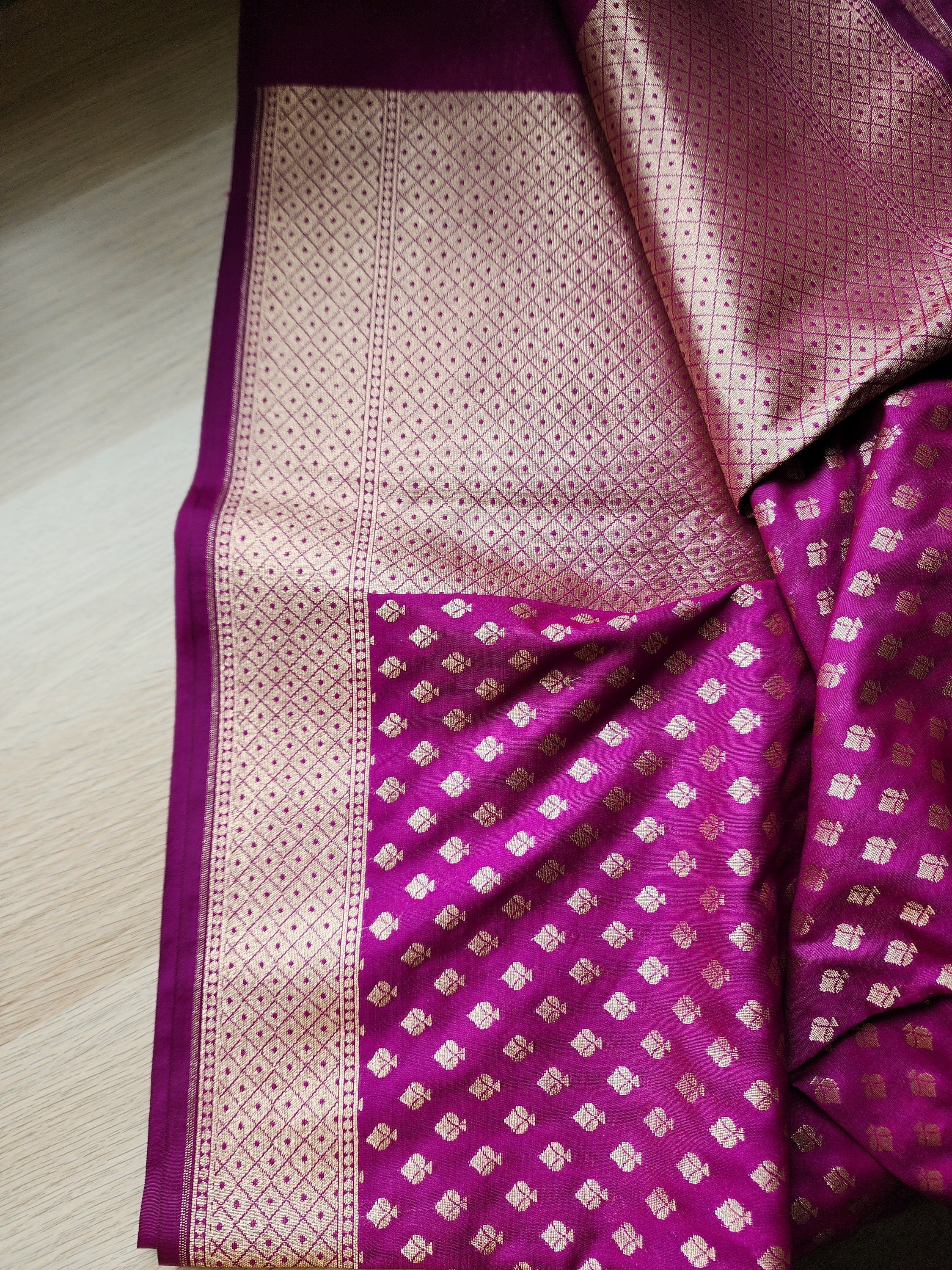 Purple Banarasi Silk Dupatta with Gold Leaf Motifs and Intricate Zari Border