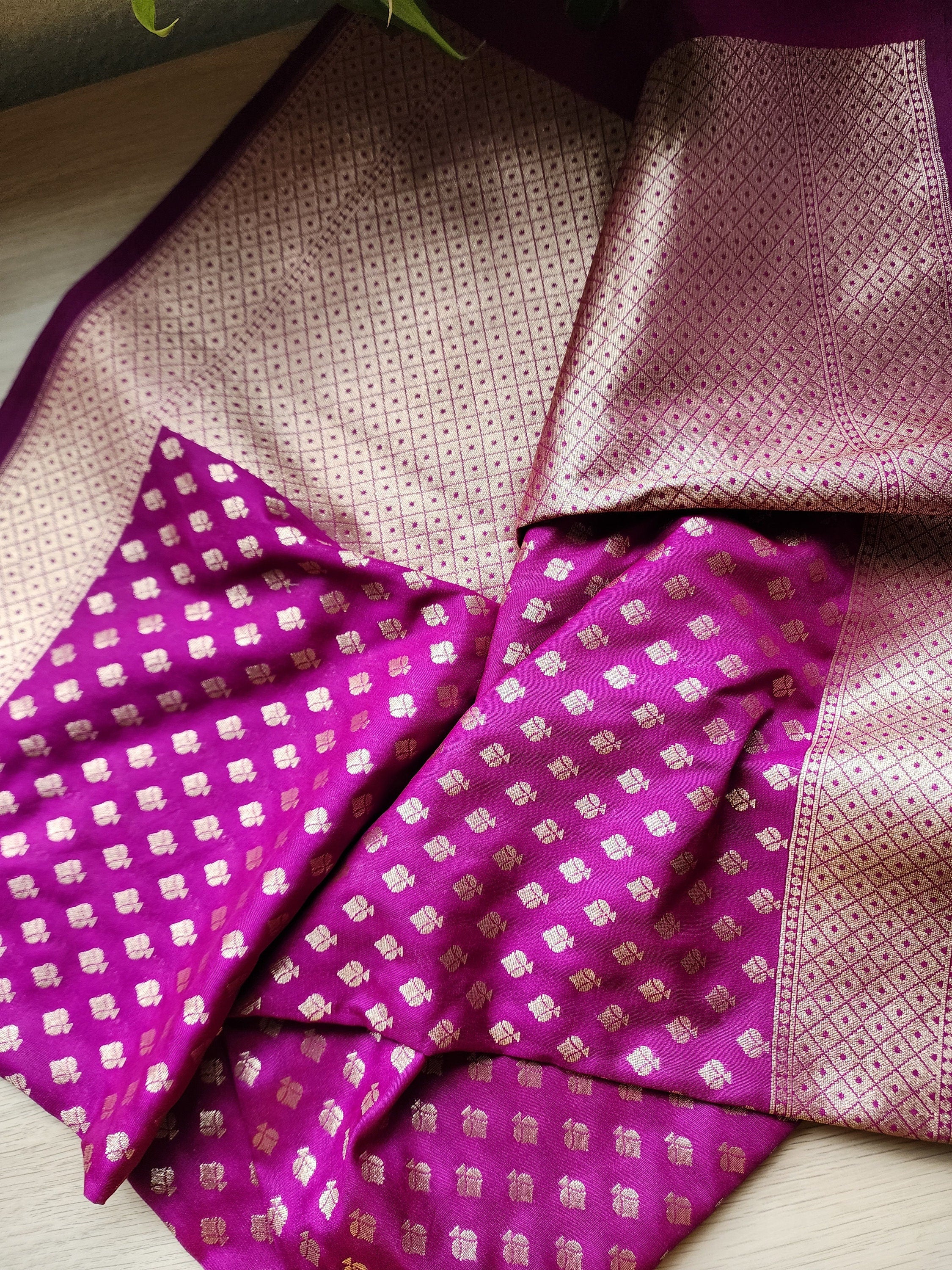 Purple Banarasi Silk Dupatta with Gold Leaf Motifs and Intricate Zari Border