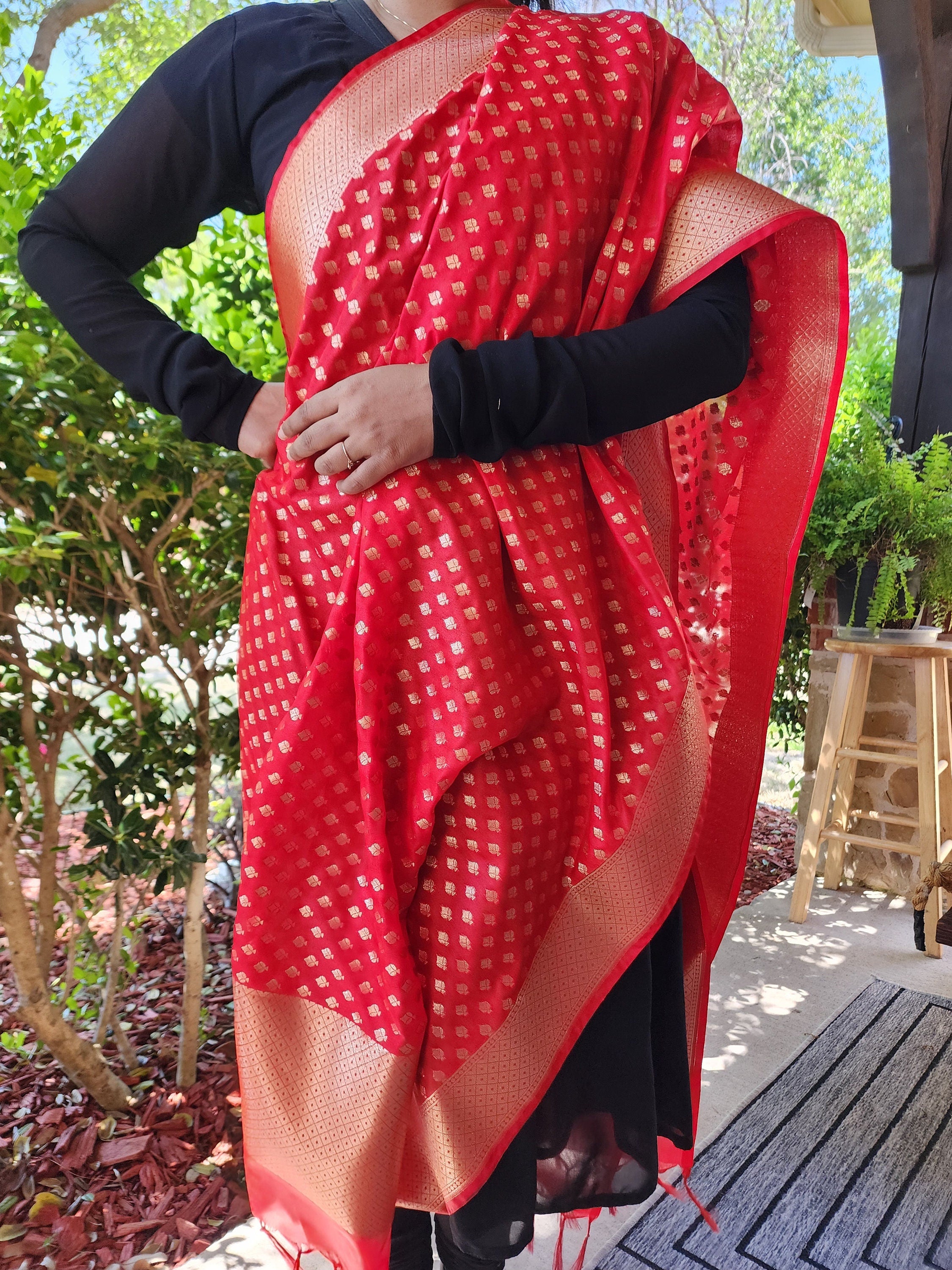 Banarasi Silk Red Color Dupatta with gold handweaving