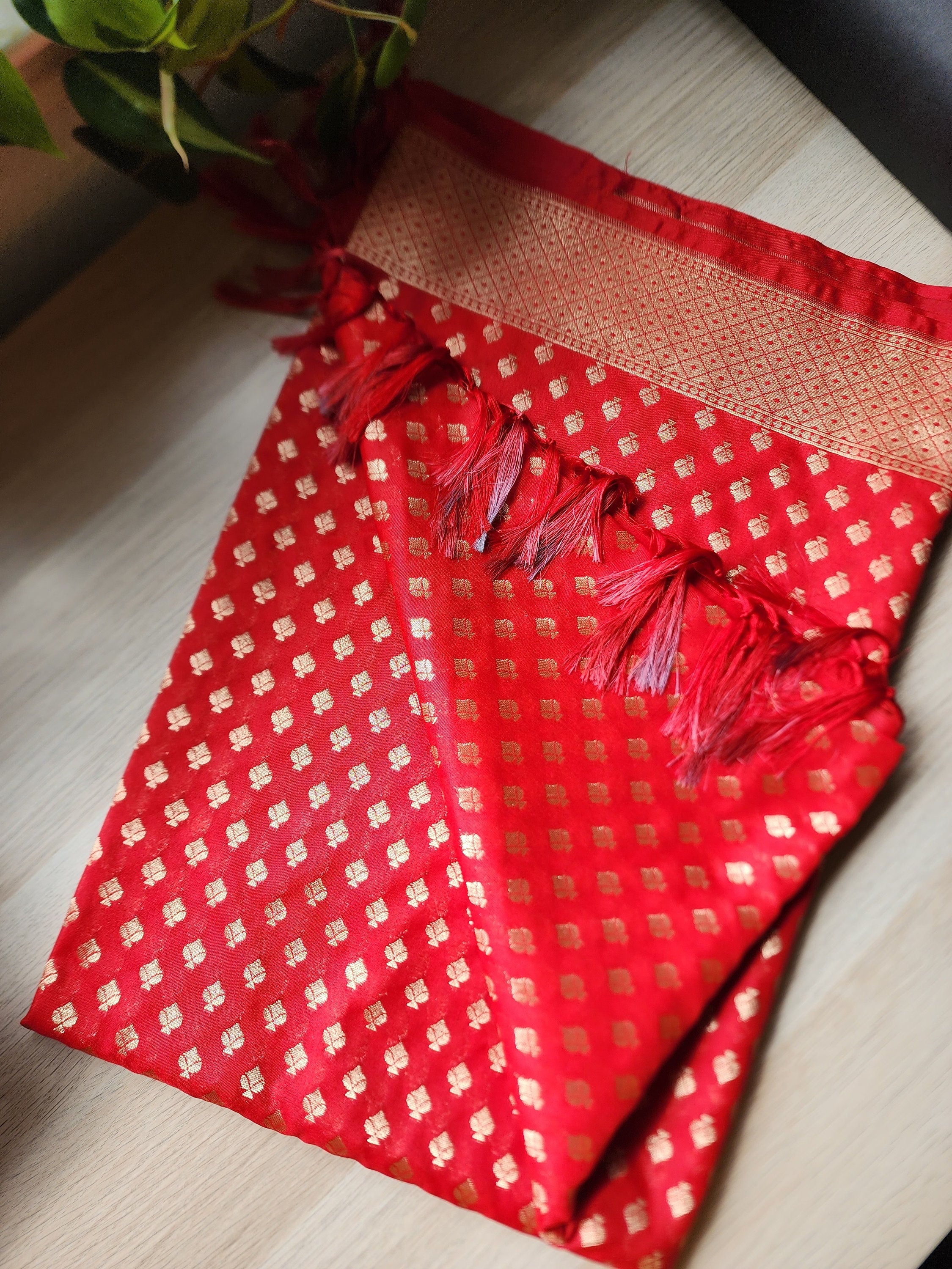 Red Banarasi Silk Dupatta with Gold Leaf Motifs and Intricate Zari Border