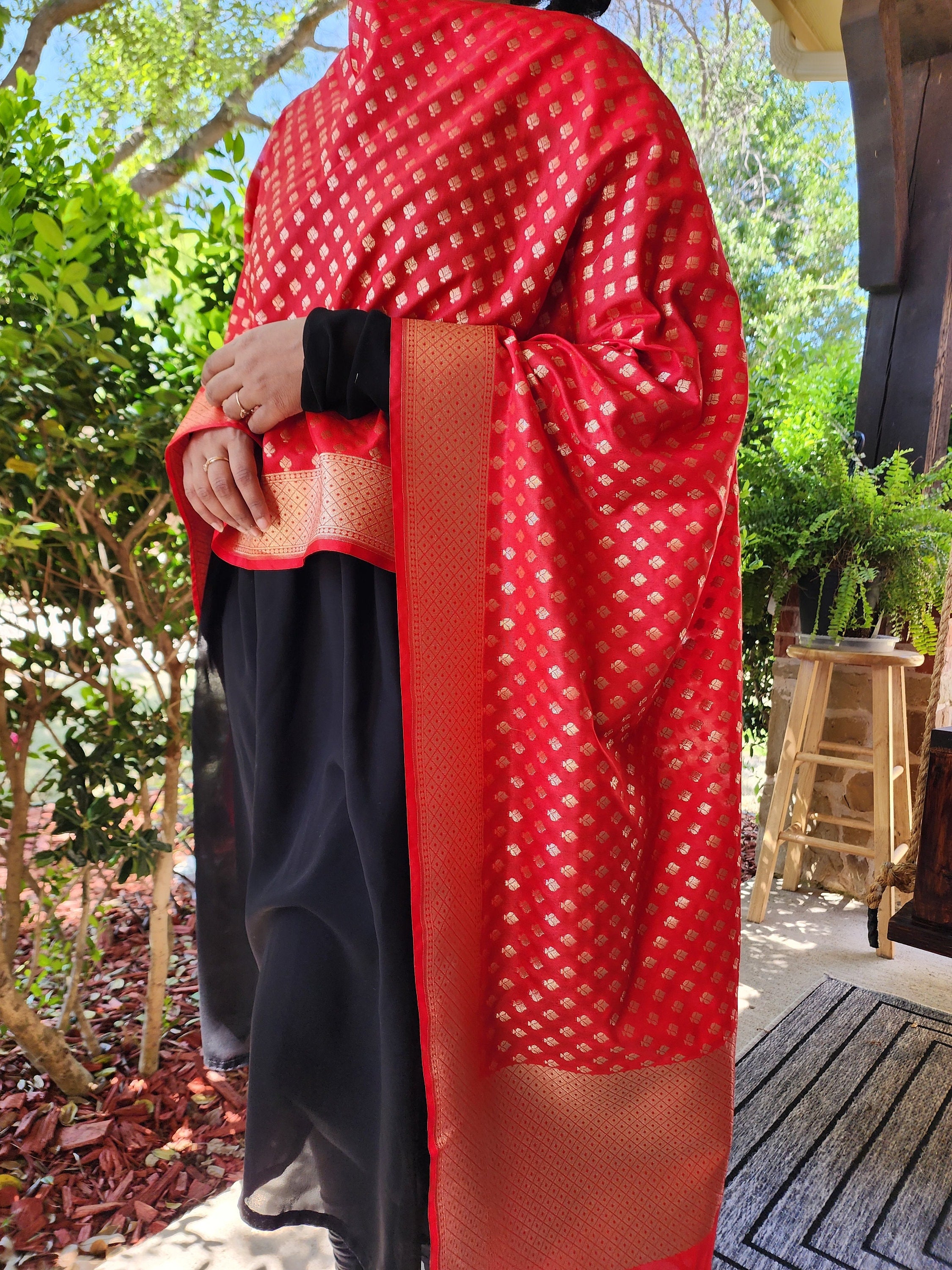 Banarasi Silk Red Color Dupatta with gold handweaving