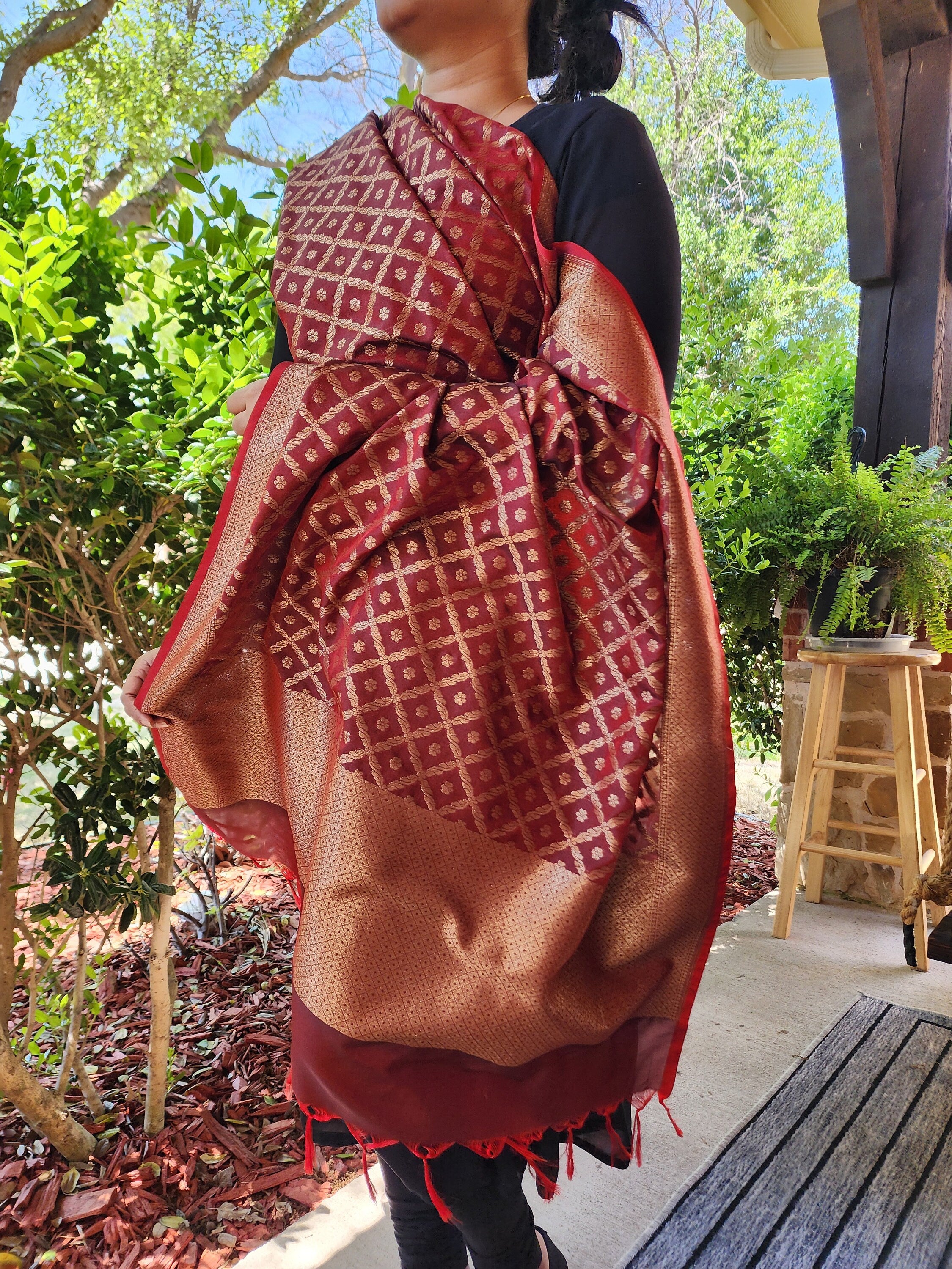Banarasi Silk Brown Dupatta with handwoven Golden threads