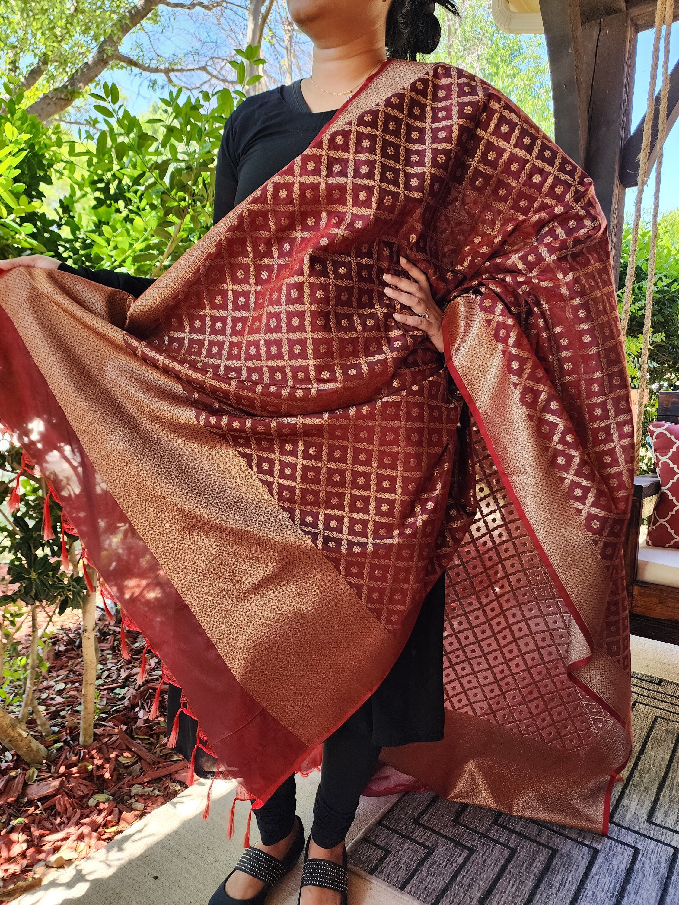 Banarasi Silk Brown Dupatta with handwoven Golden threads