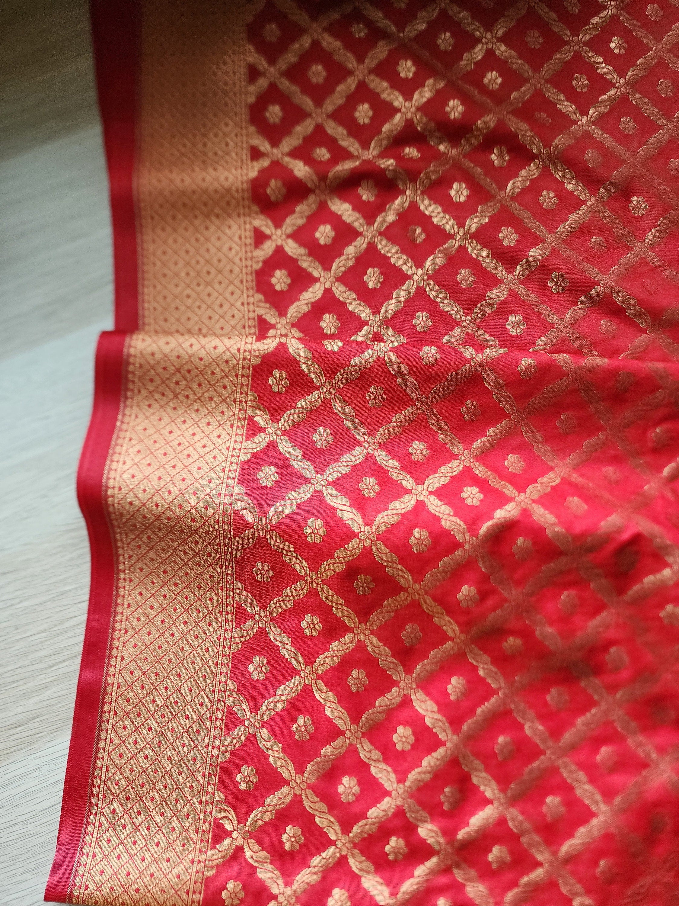 Bright Red Banarasi Silk Dupatta with Gold Box Motifs and Intricate Zari Border