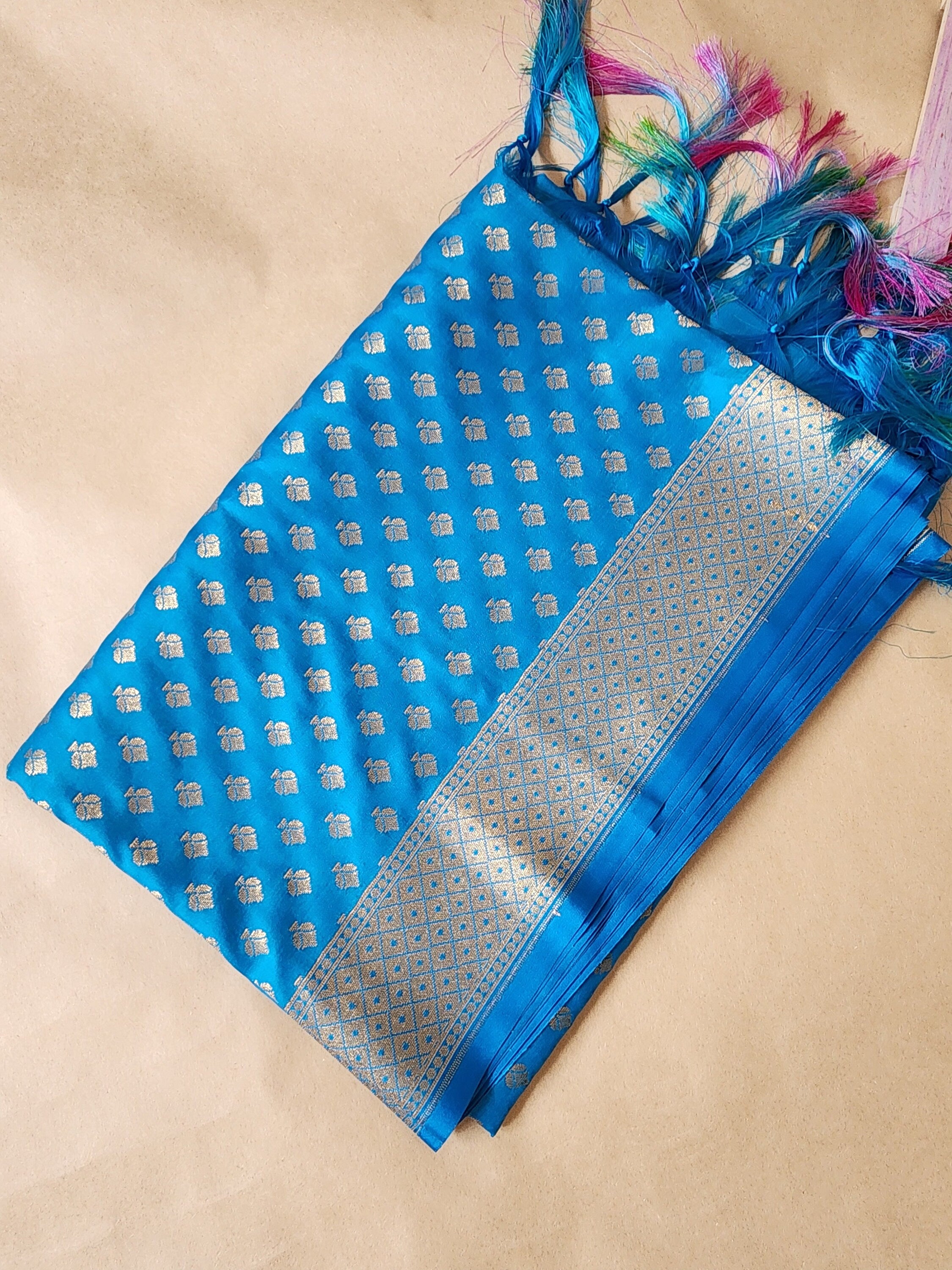 Azure Blue Banarasi Silk Dupatta with Gold Leaf Motifs and Intricate Zari Border