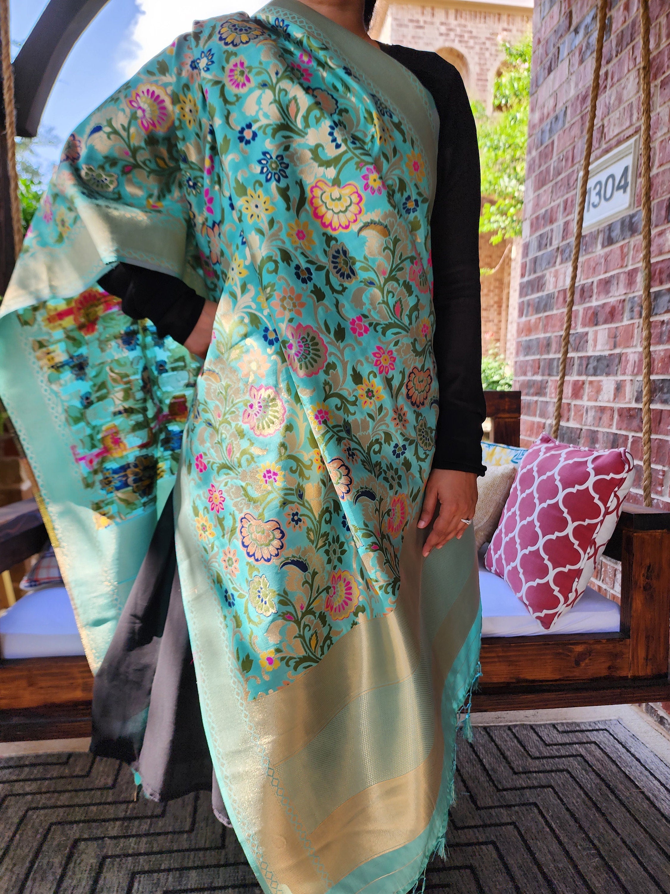 Banarasi Silk Aqua Blue Dupatta with Multicolor & Gold Floral Handweaving