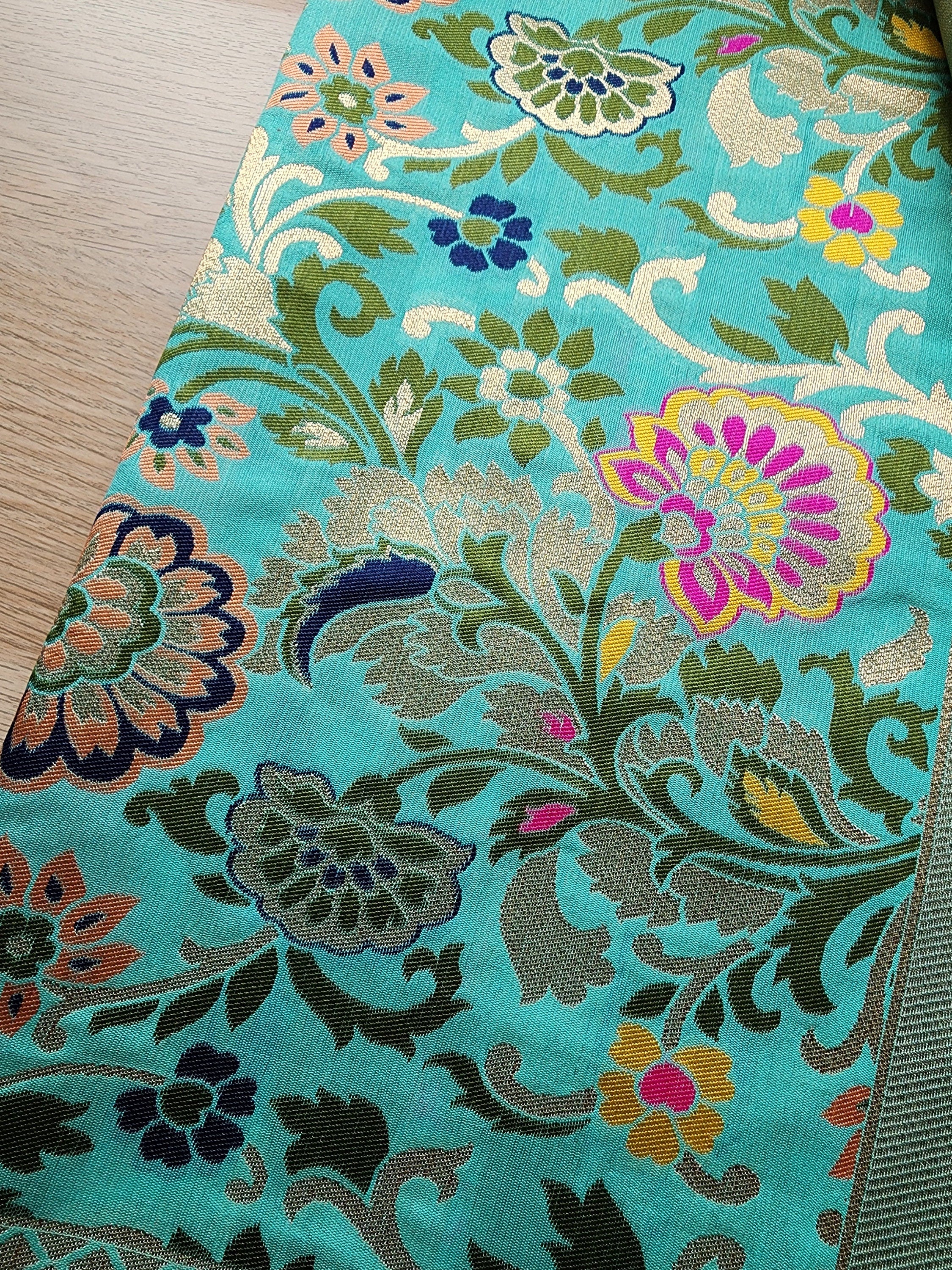 Banarasi Silk Aqua Blue Dupatta with Multicolor & Gold Floral Handweaving