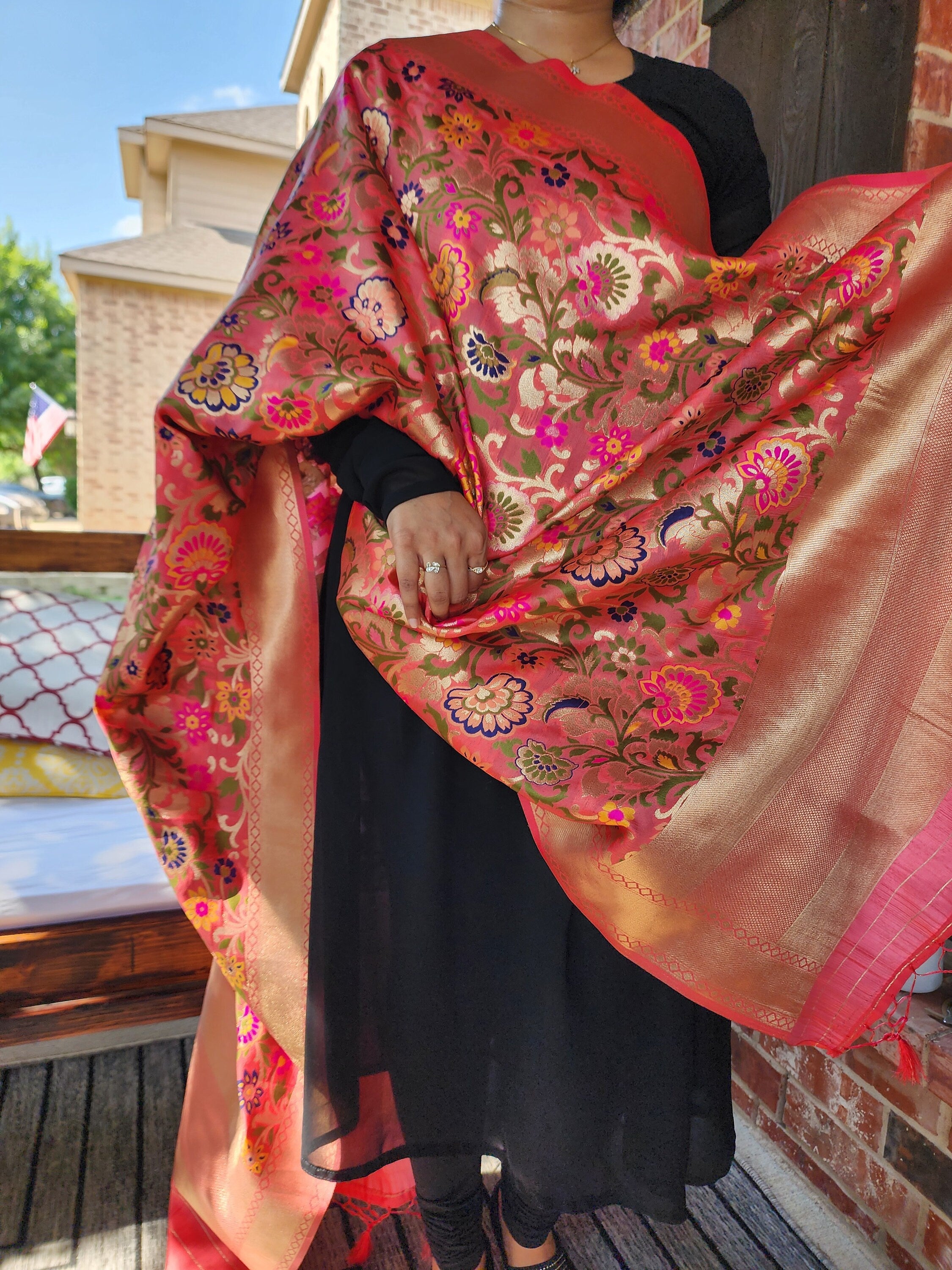Banarasi Silk Coral Pink Dupatta, multicolor and gold floral handweaving, Indian traditional & Festive wear, Luxurious Soft Banarsi Dhupatta