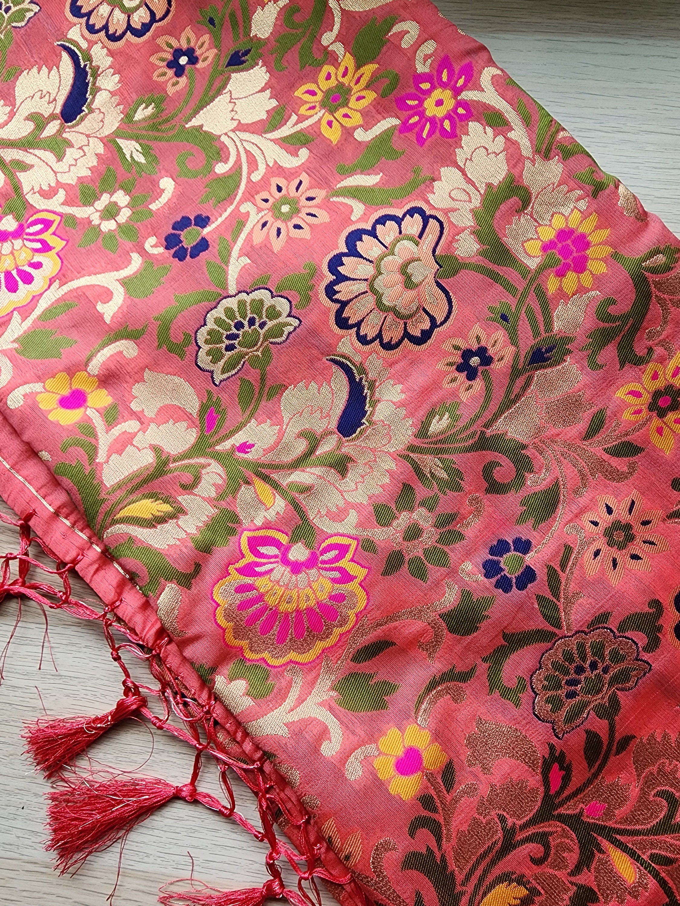 Banarasi Silk Coral Pink Dupatta, multicolor and gold floral handweaving, Indian traditional & Festive wear, Luxurious Soft Banarsi Dhupatta
