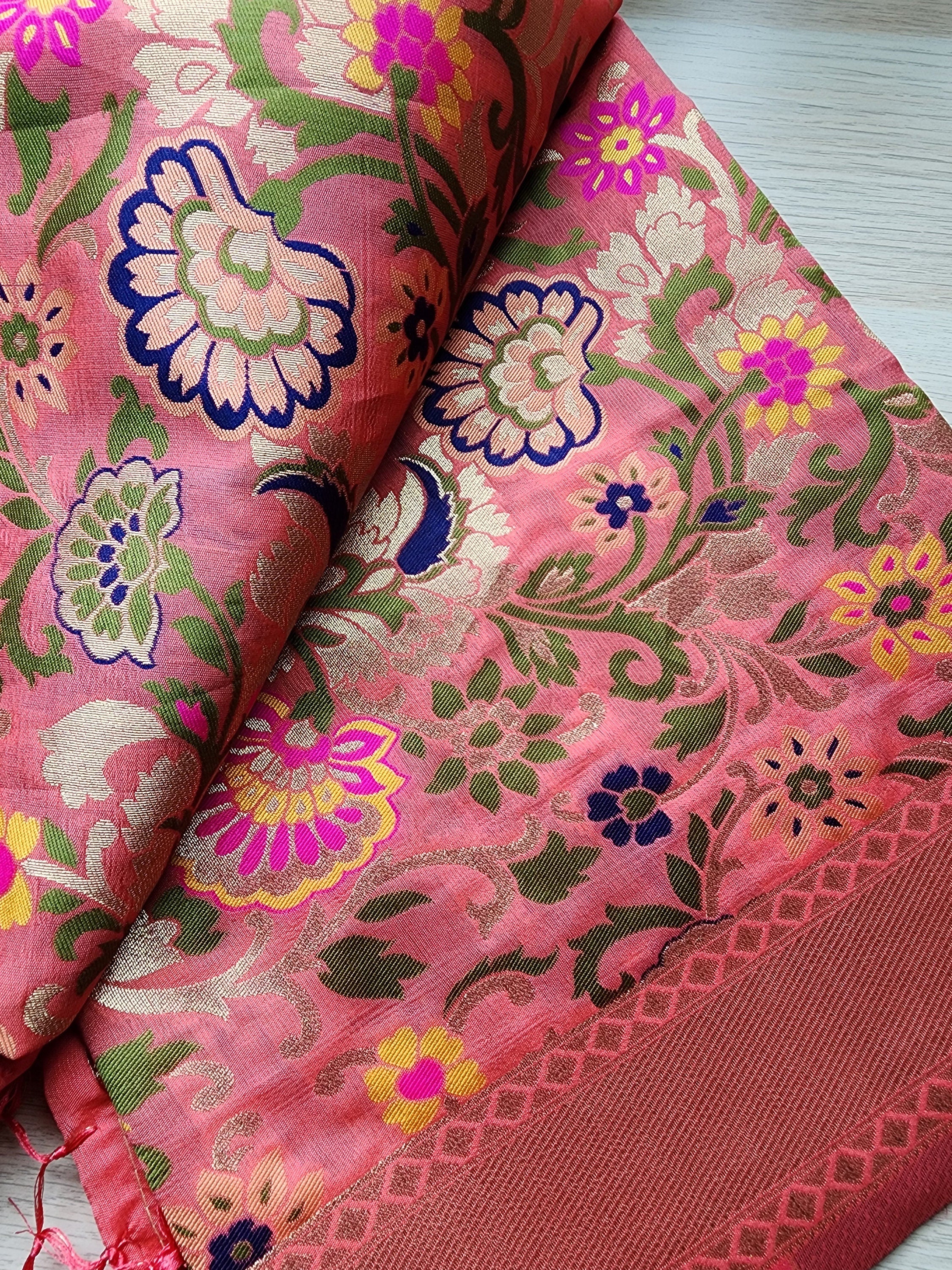 Banarasi Silk Coral Pink Dupatta, multicolor and gold floral handweaving, Indian traditional & Festive wear, Luxurious Soft Banarsi Dhupatta
