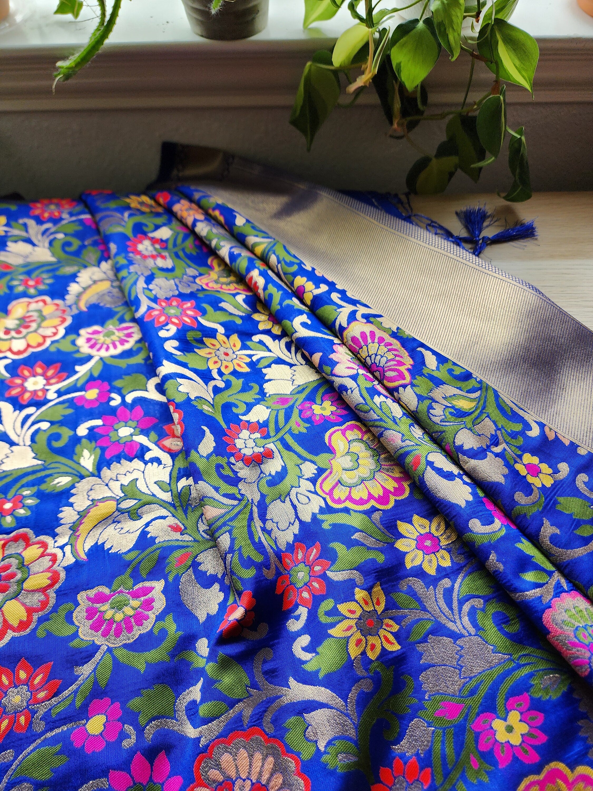 Banarasi Silk Royal Blue Dupatta with multicolor floral handweaving