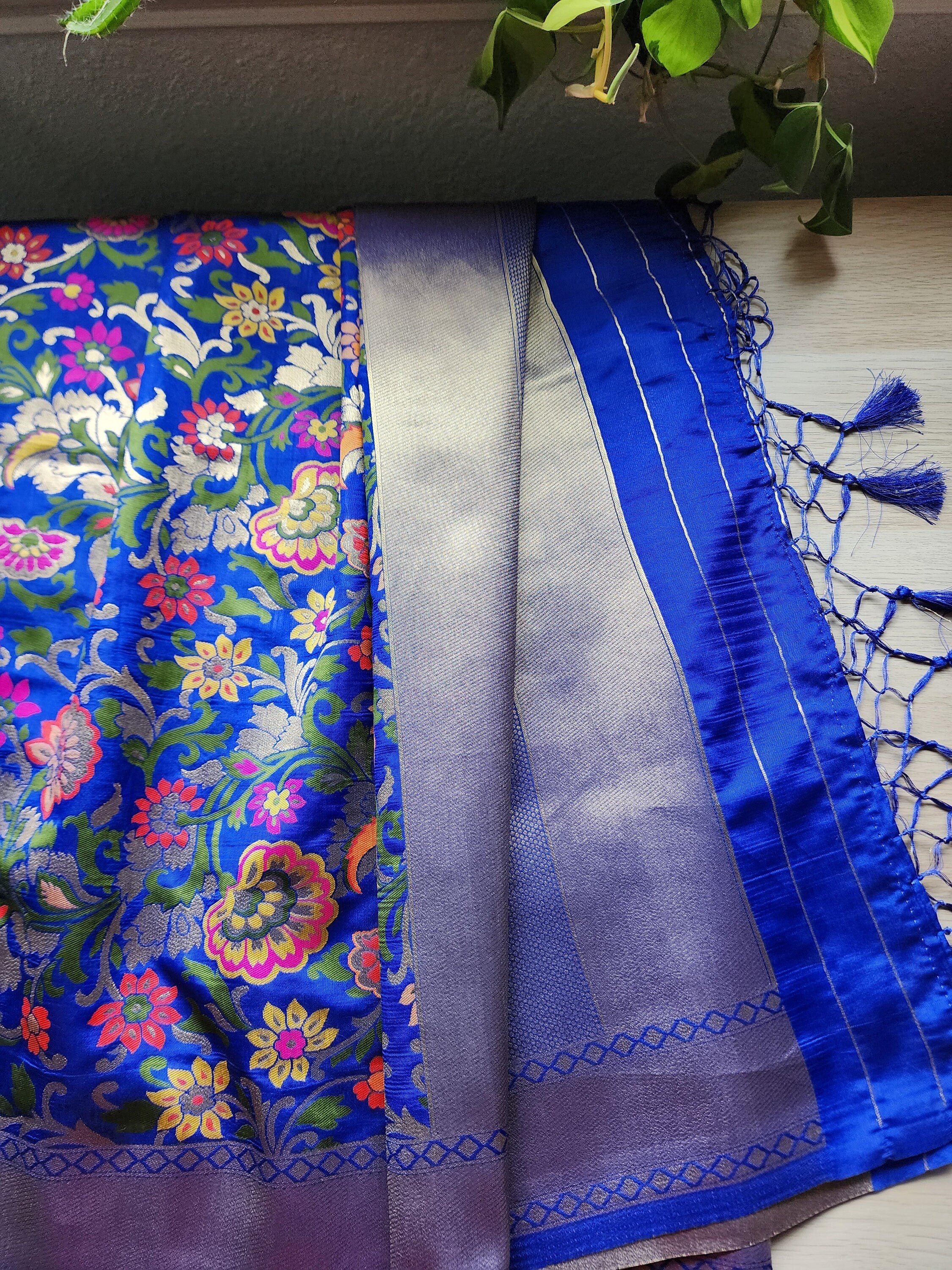 Banarasi Silk Royal Blue Dupatta with multicolor floral handweaving