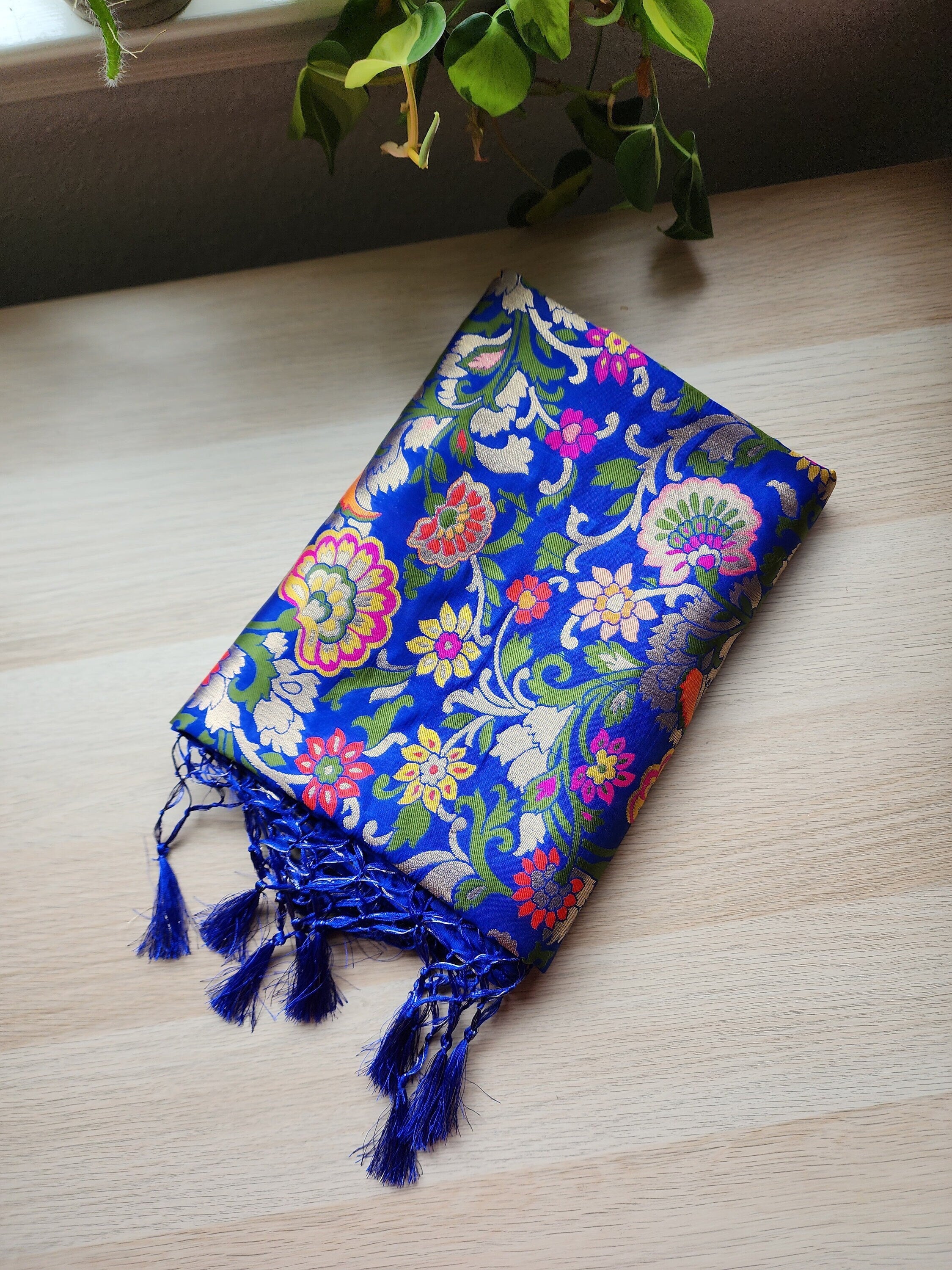 Banarasi Silk Royal Blue Dupatta with Multicolor & Gold Floral Handweaving
