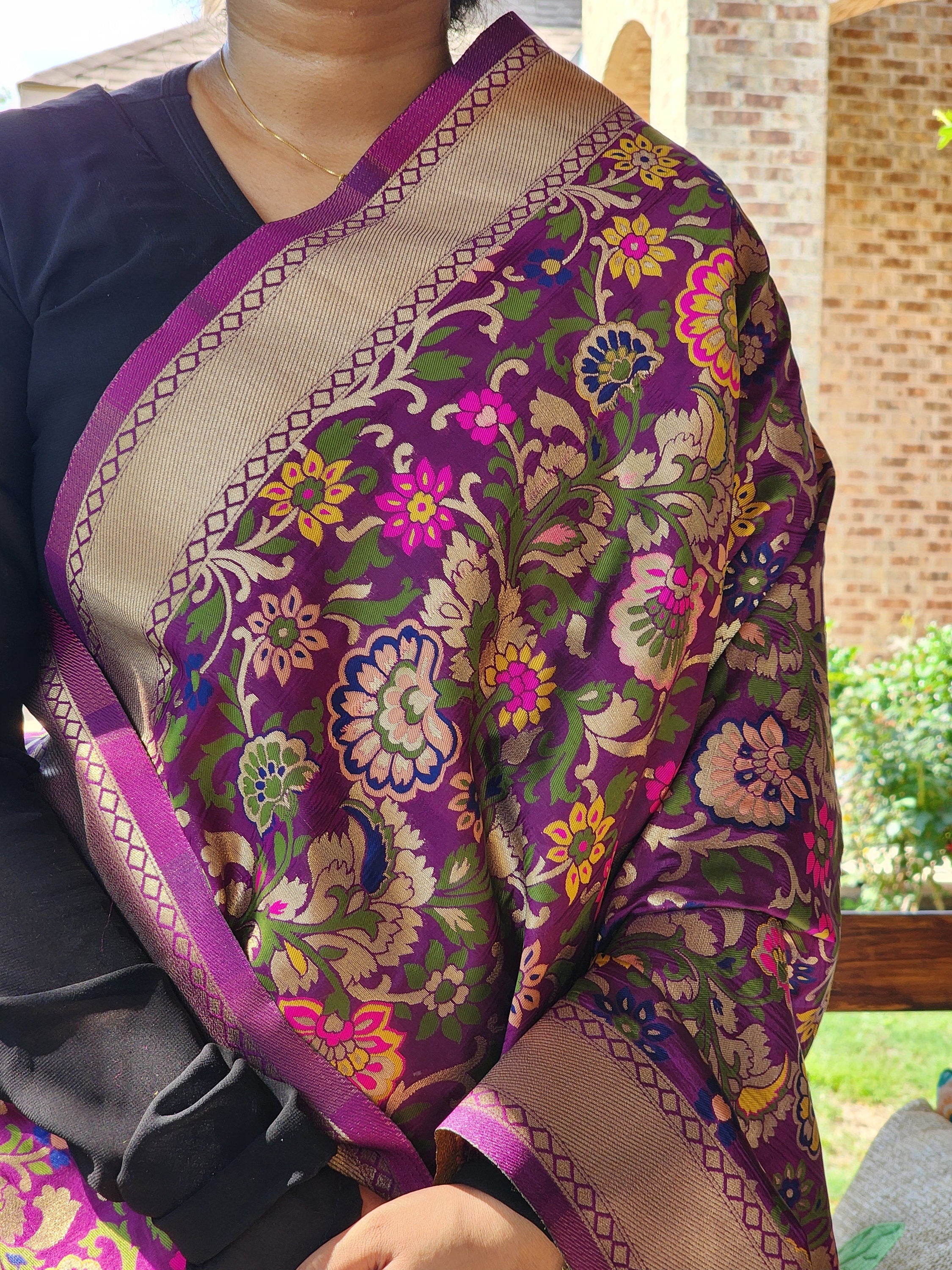 Banarasi Silk Dark Plum Dupatta with Multicolor & Gold Floral Handweaving