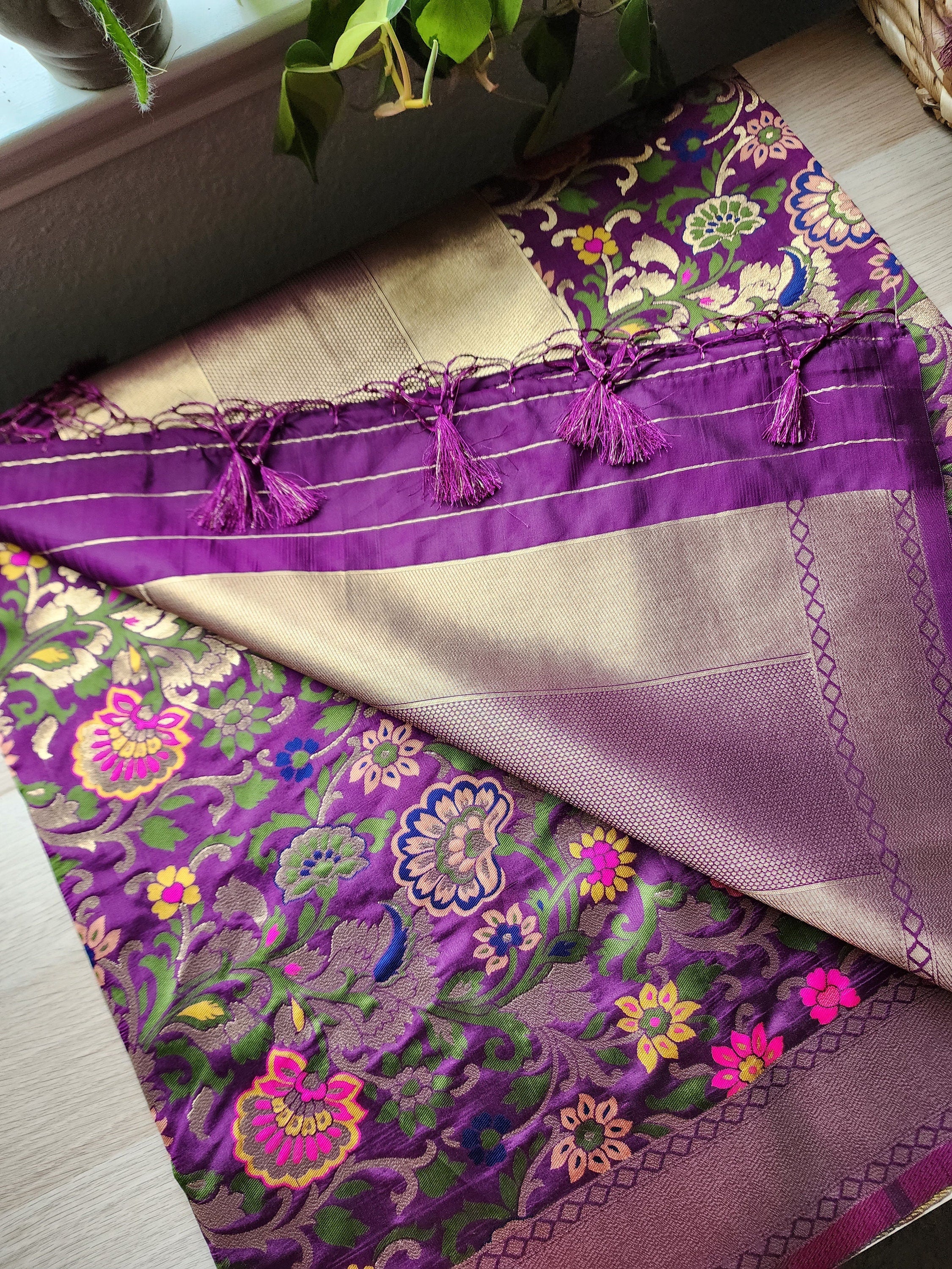 Banarasi Silk Dark Plum Dupatta with Multicolor & Gold Floral Handweaving