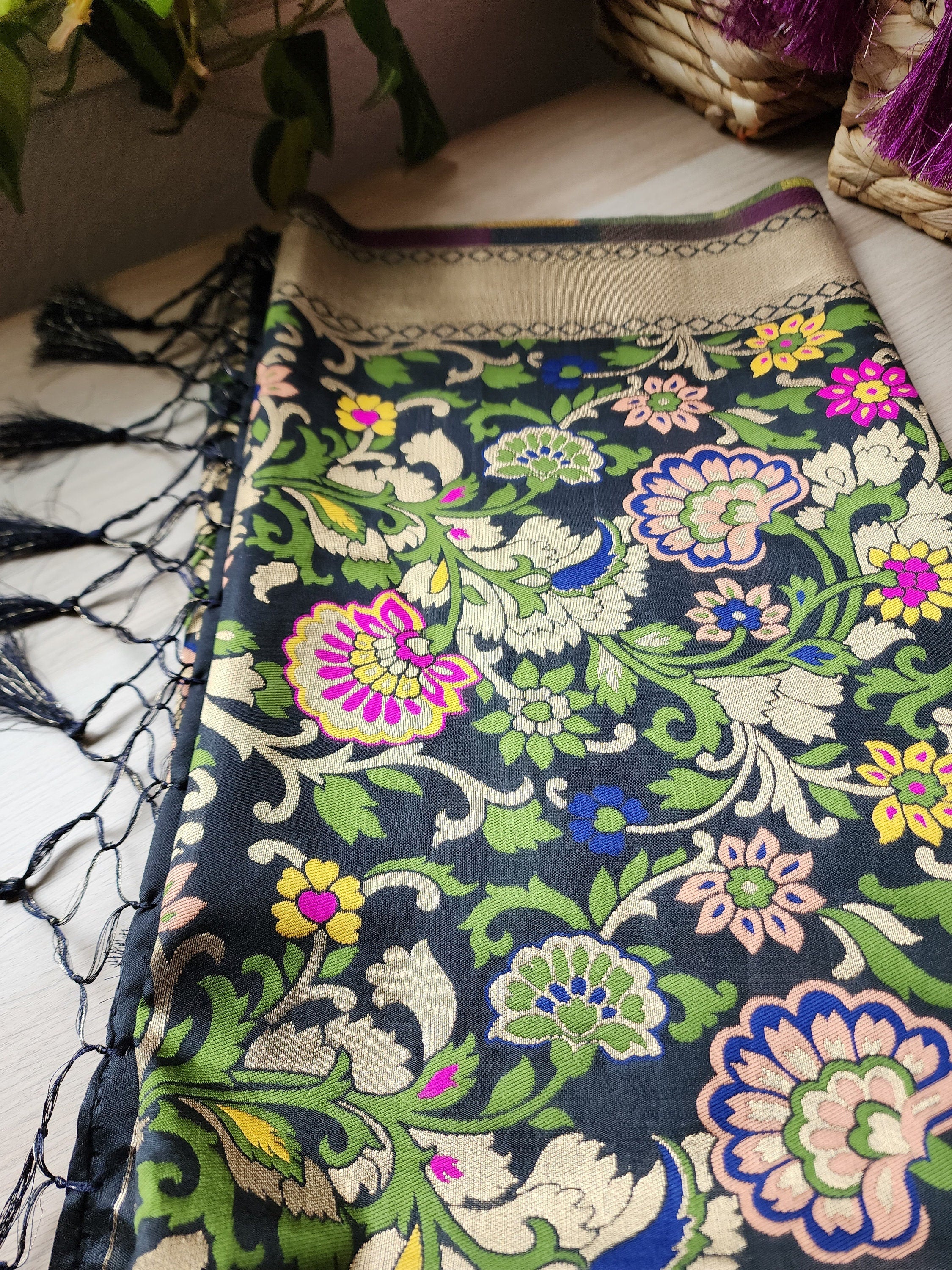 Banarasi Black Dupatta with Multicolor & Gold Floral Handweaving