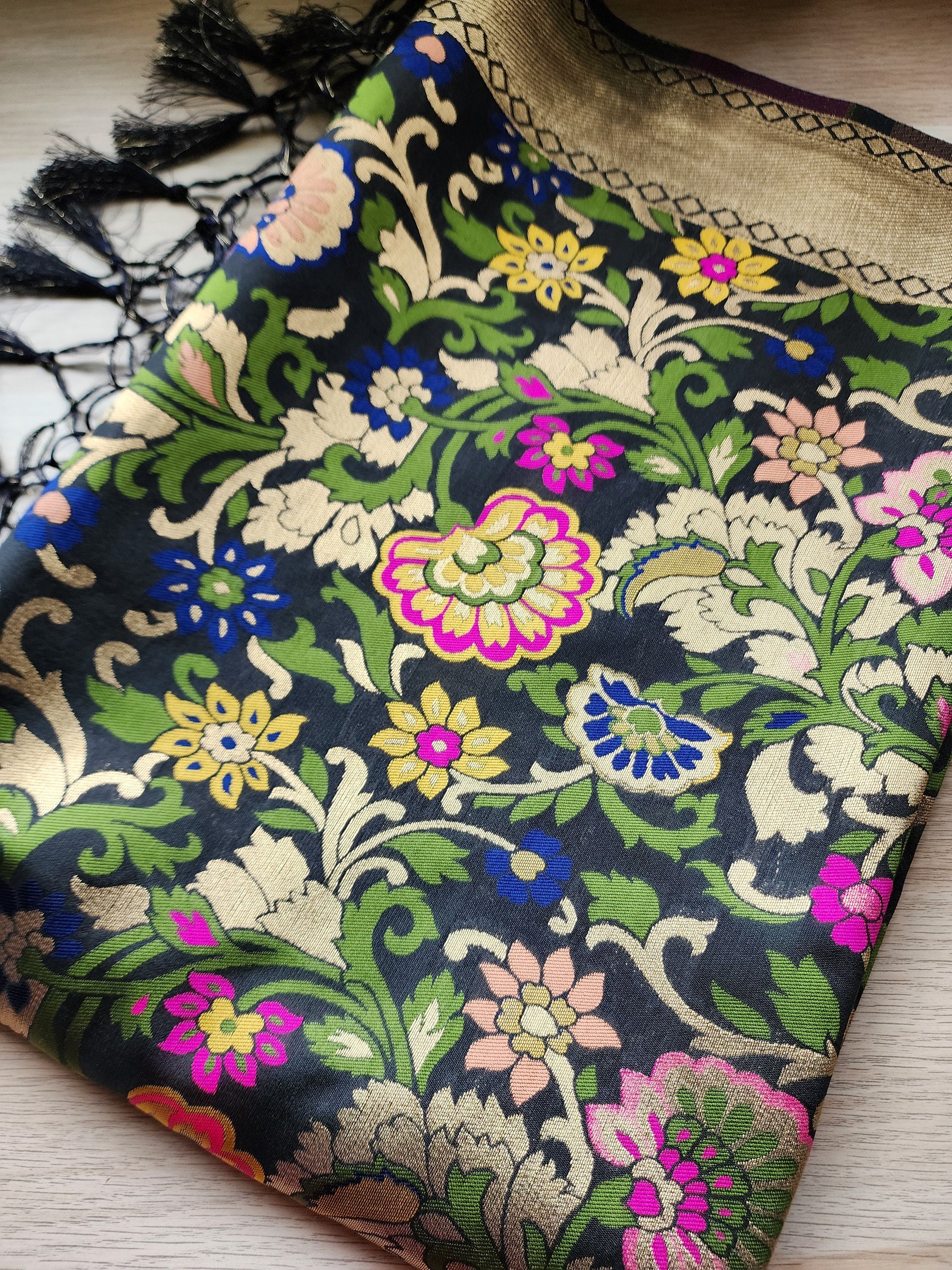 Banarasi Black Dupatta with Multicolor & Gold Floral Handweaving