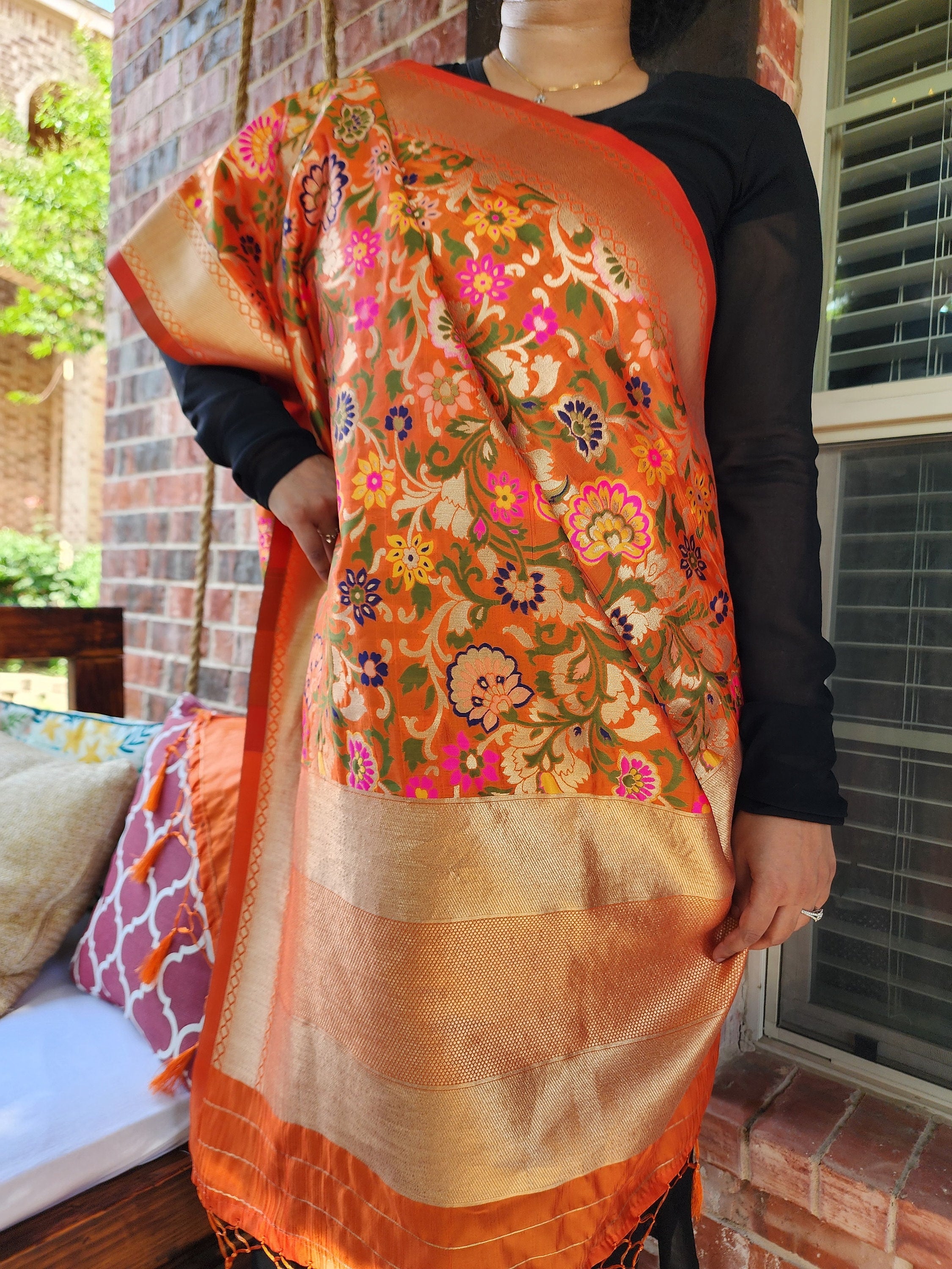 Banarasi Silk Orange Dupatta, multicolor and gold floral handweaving