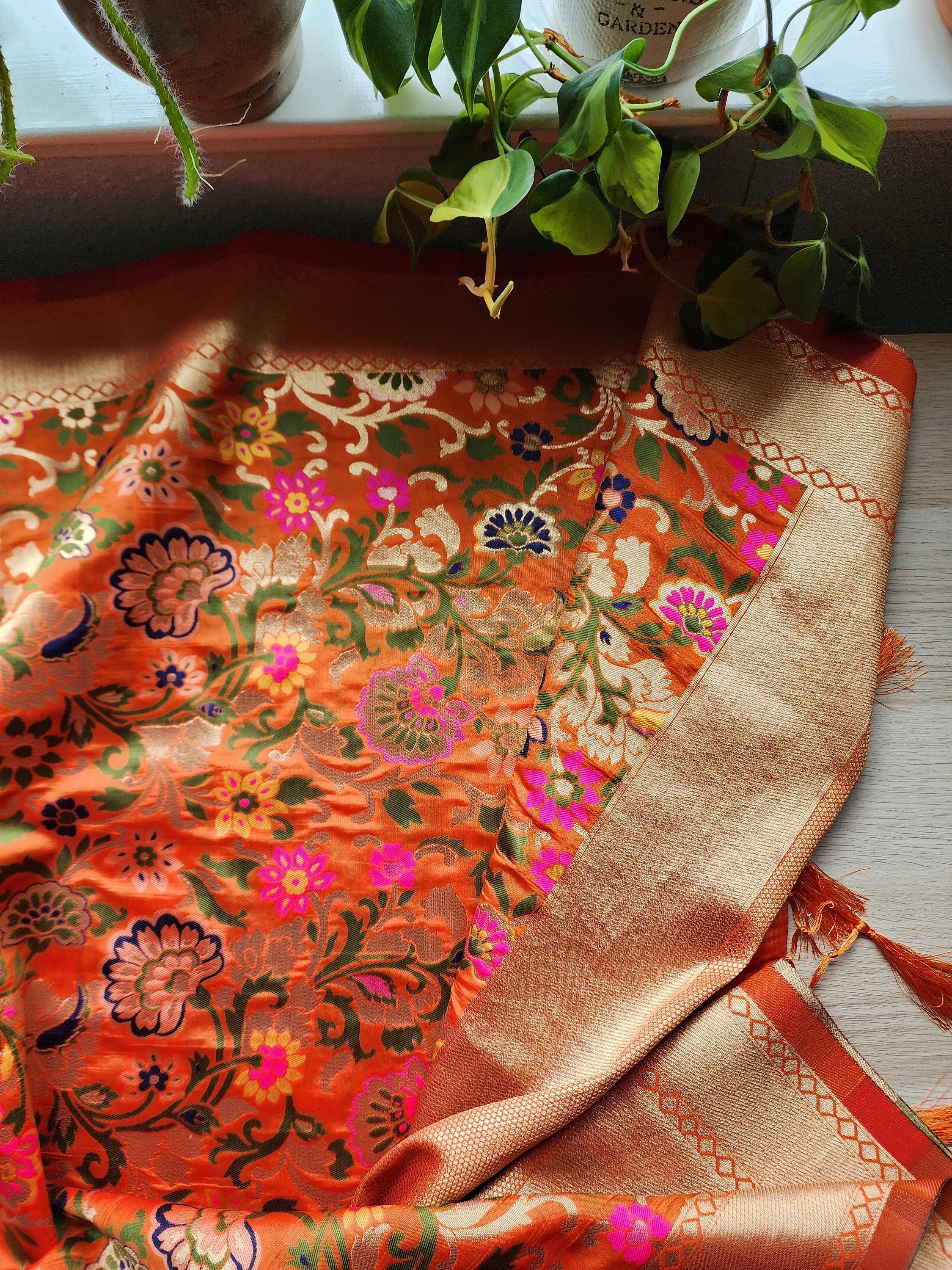 Banarasi Silk Orange Dupatta, multicolor and gold floral handweaving