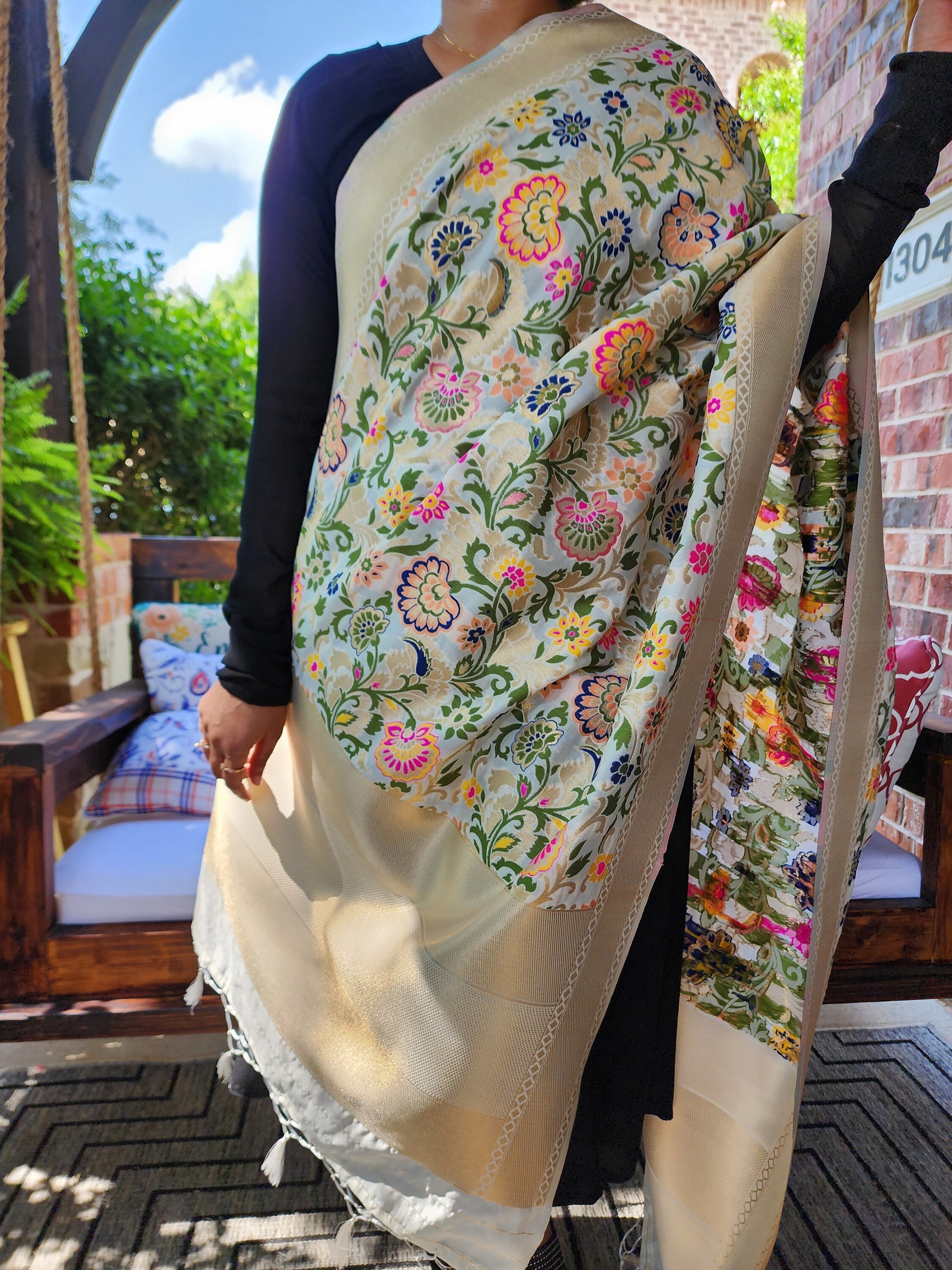 Banarasi Silk Off-White Dupatta with Multicolor & Gold Floral Handweaving