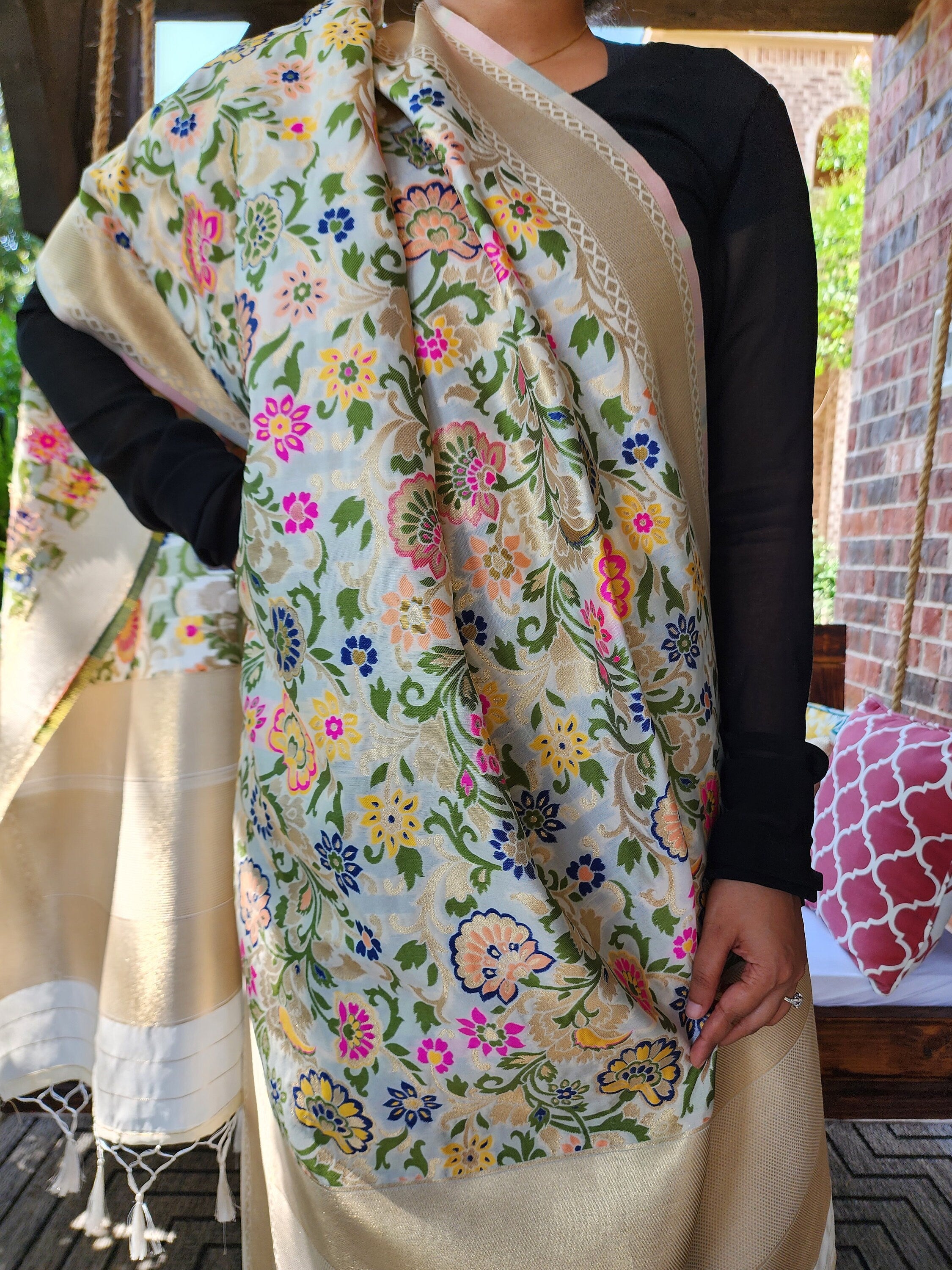 Banarasi Silk Off-White Dupatta with Multicolor & Gold Floral Handweaving