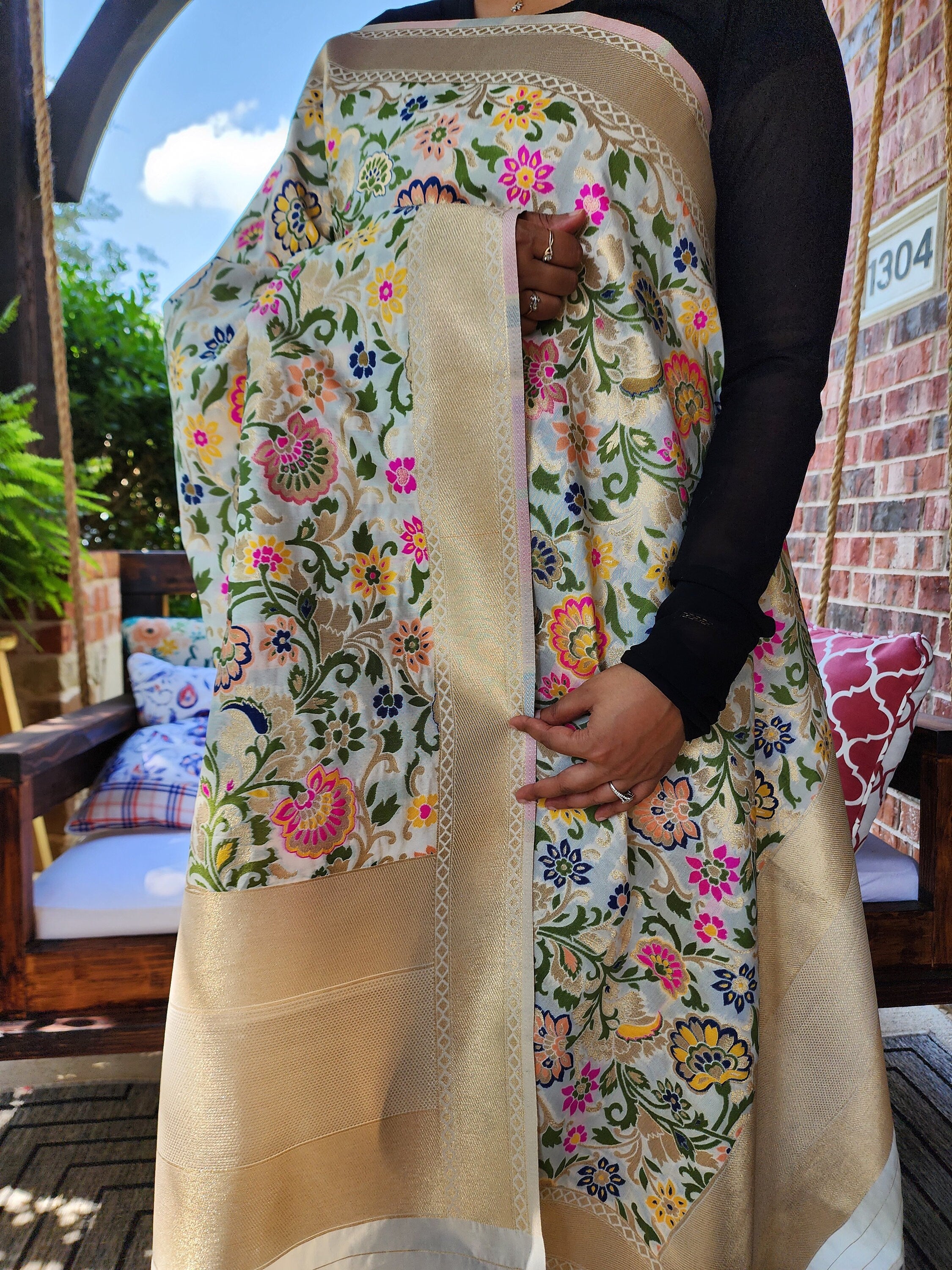 Banarasi Silk Off-White Dupatta with Multicolor & Gold Floral Handweaving