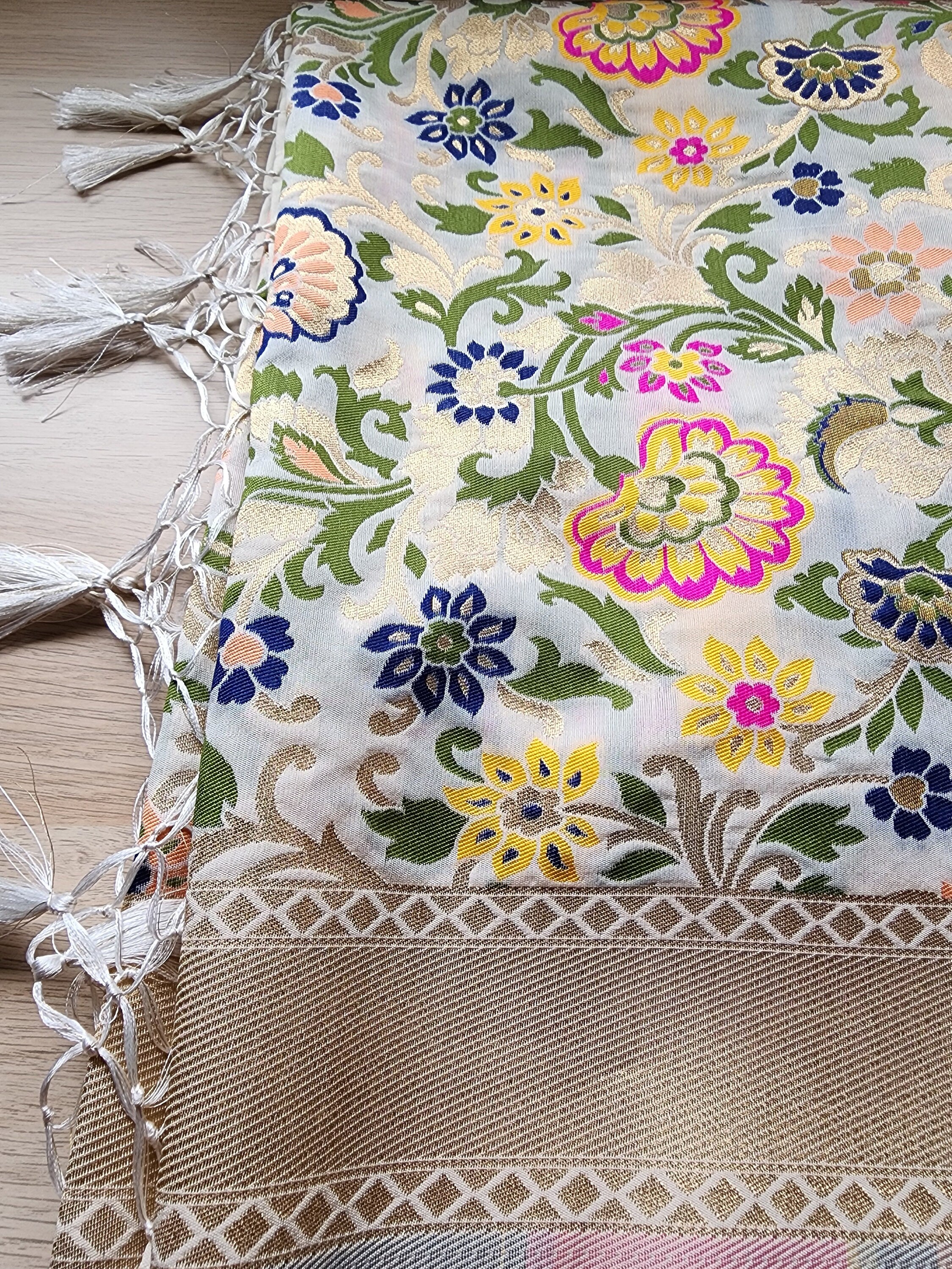 Banarasi Silk Off-White Dupatta with multicolor floral handweaving